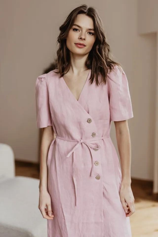 Laumė linen Linen Dresses Smiltyne robe portefeuille en lin rose poudré