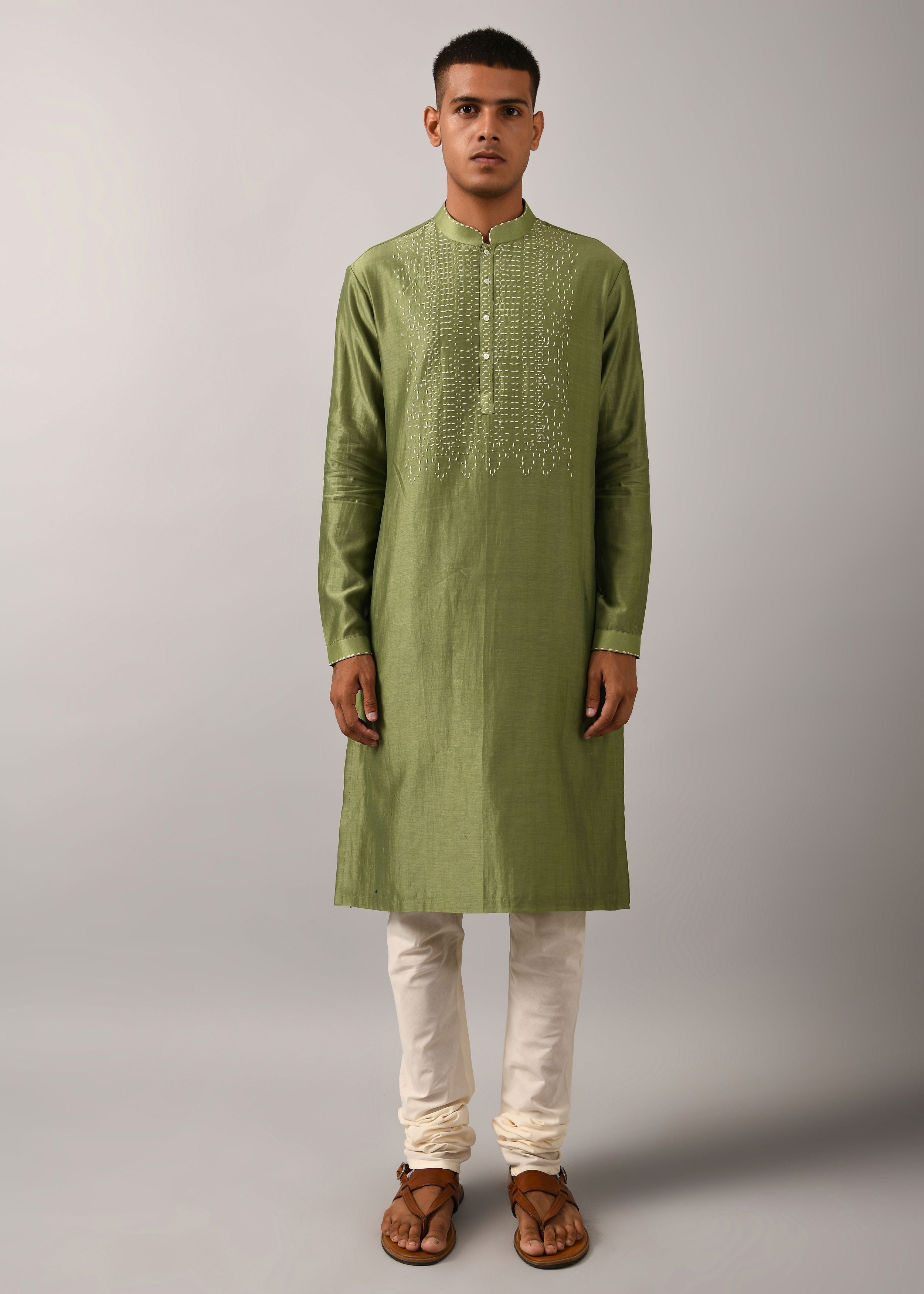 COUNTRYMADE Kurtas Morse Code Yoke Kurta Set kurta vert sauge 2 pièces brodé