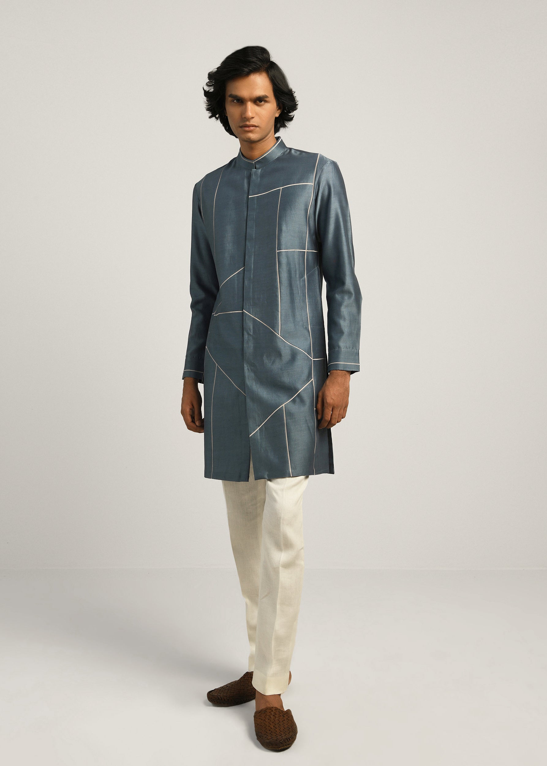 COUNTRYMADE Kurtas Patchwork Block Kurta Set bleu acier en coton-soie