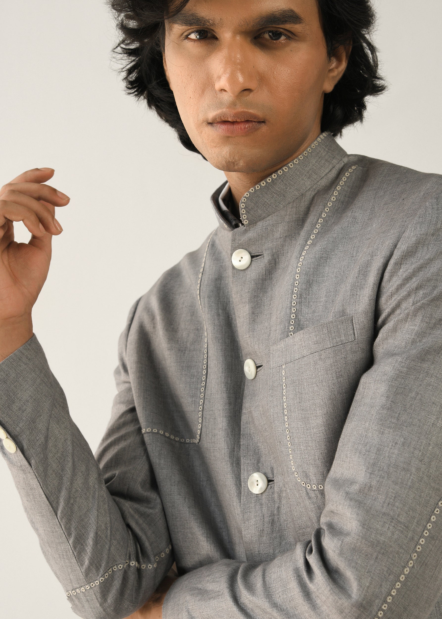 COUNTRYMADE Nehru Jackets Fuselage Bandhgala veste Nehru en lin gris