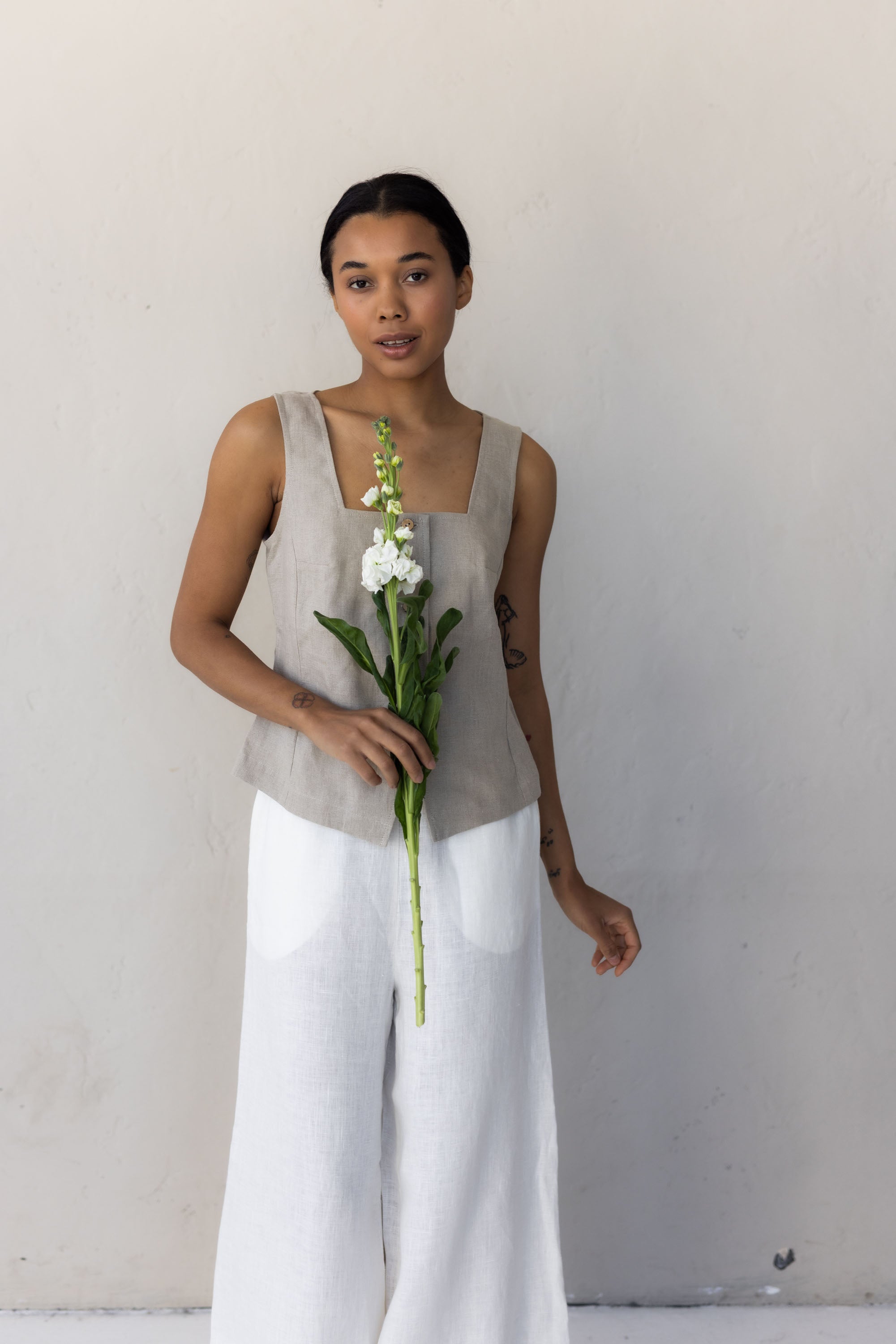 Laumė linen Linen Tops Dusk gilet en lin vert à carreaux