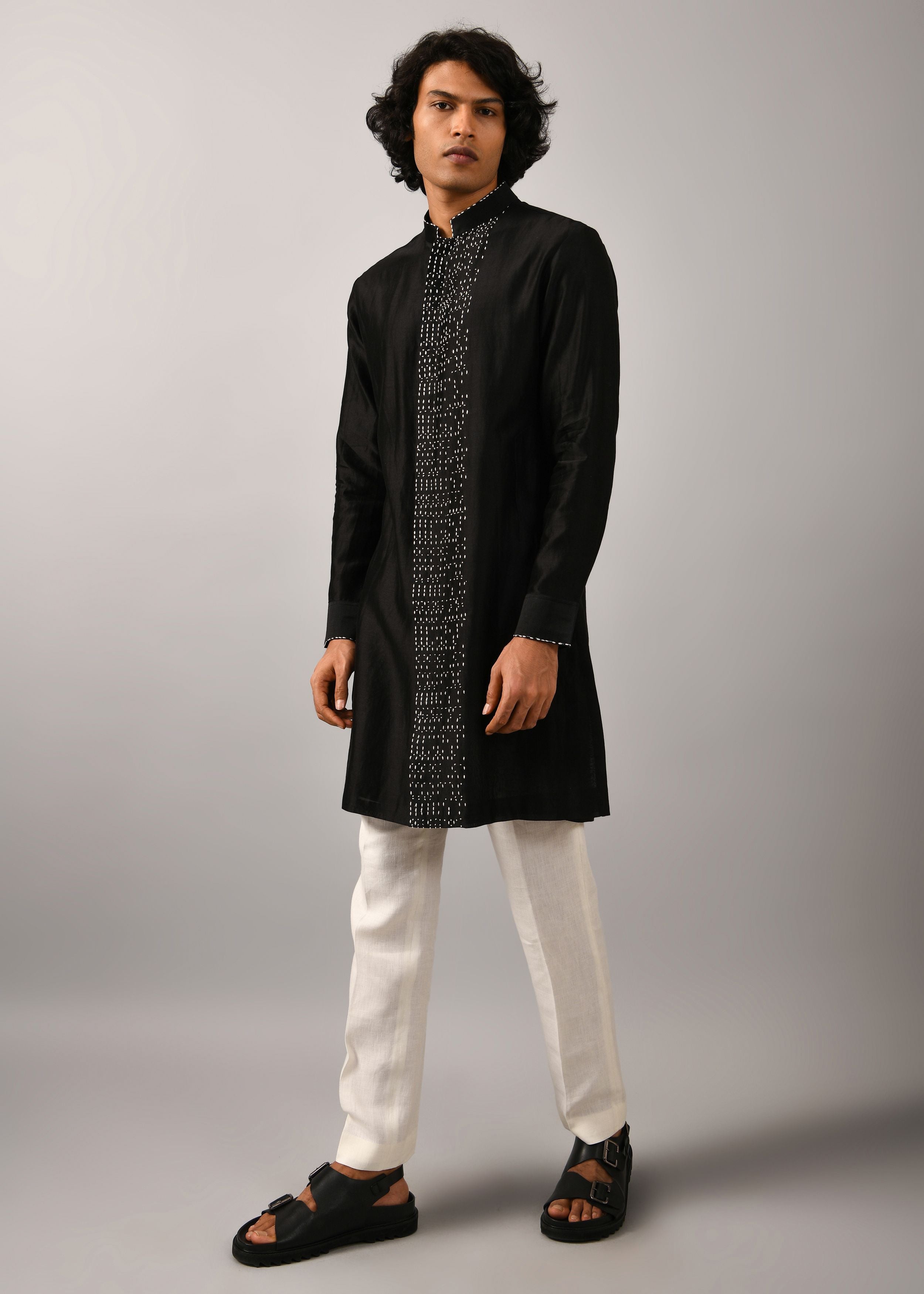 COUNTRYMADE Kurtas Black Morse Code Front Open Kurta noir brodé