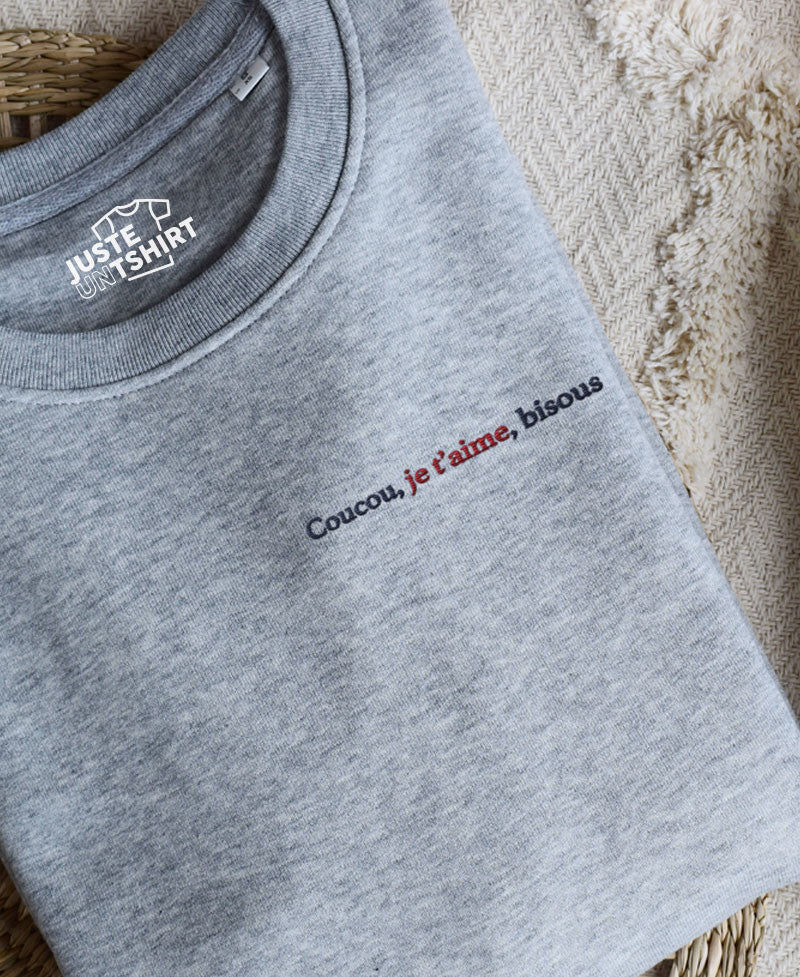 Juste Un T-shirt Sweats Brodés Sweat brodé Coucou je t'aime gris chiné