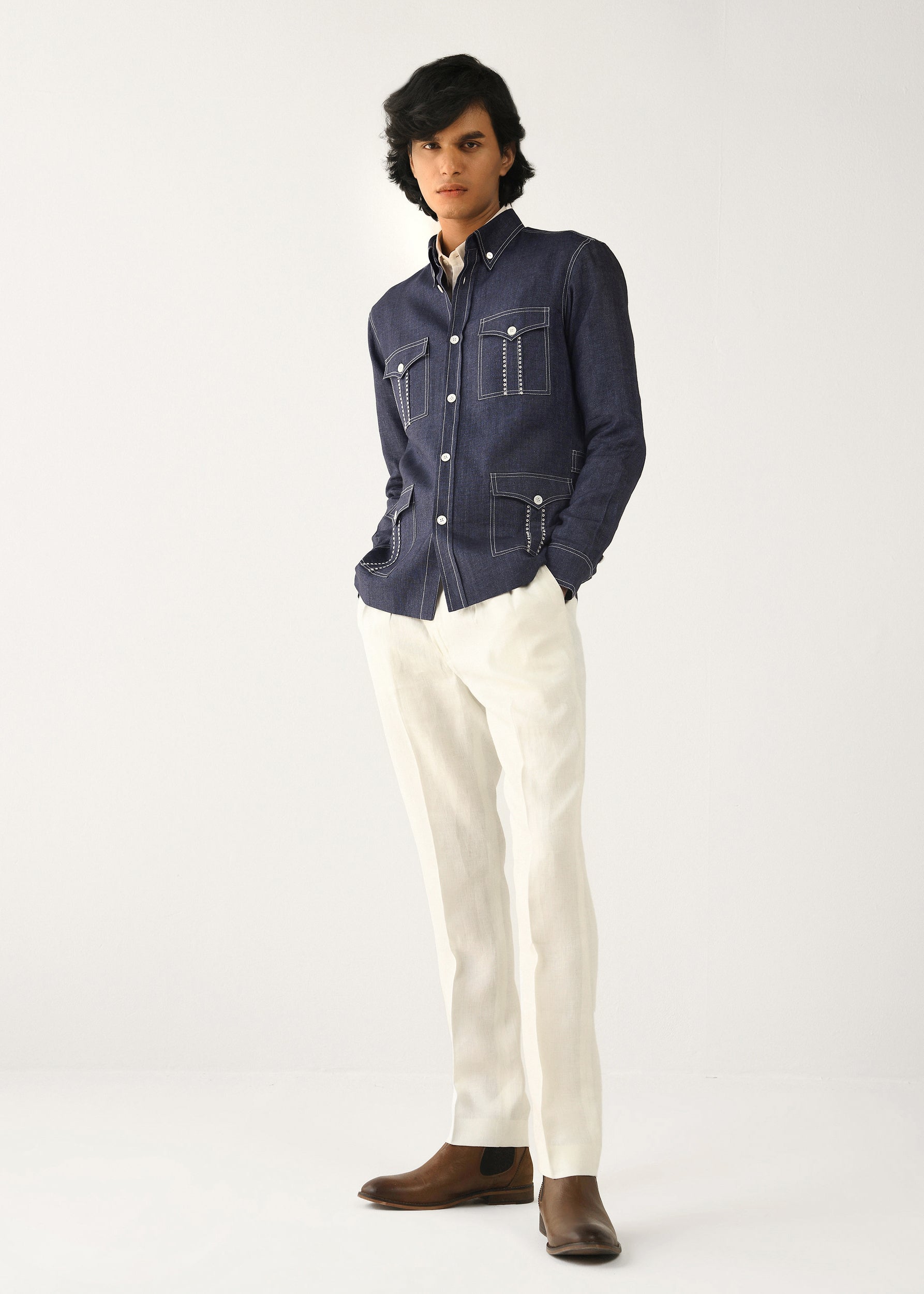 COUNTRYMADE Shirts Linen denim Overshirt surchemise marine en lin