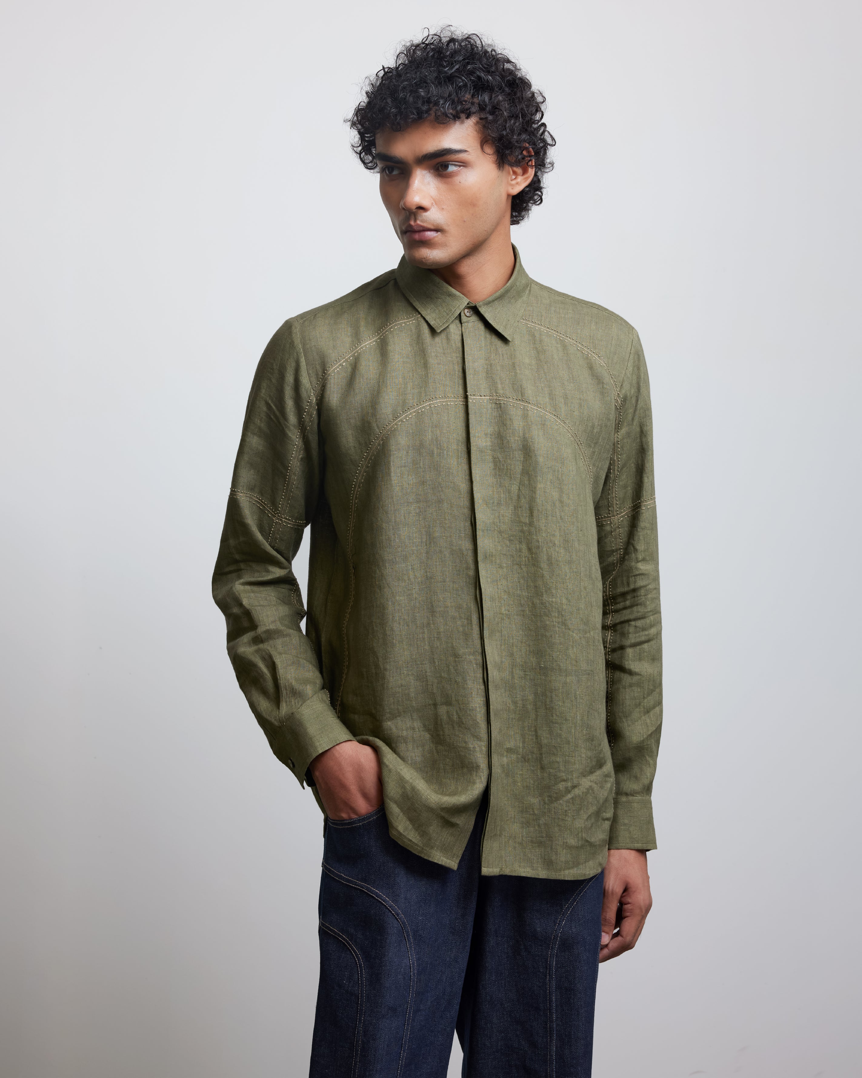 COUNTRYMADE Shirts BAUHAUS THREE LINE STITCH SHIRT chemise en lin brodée