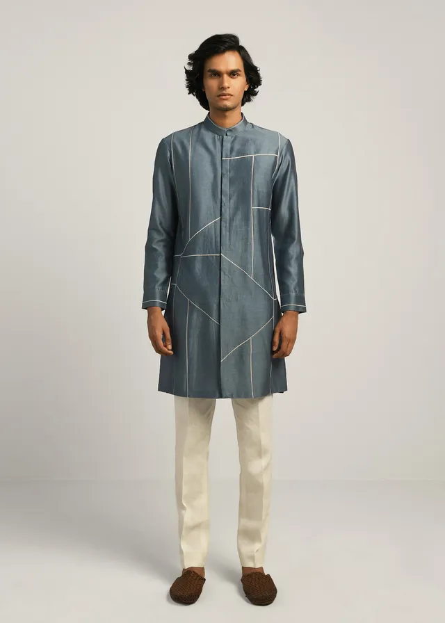 COUNTRYMADE Kurtas Patchwork Block Kurta Set bleu acier en coton-soie
