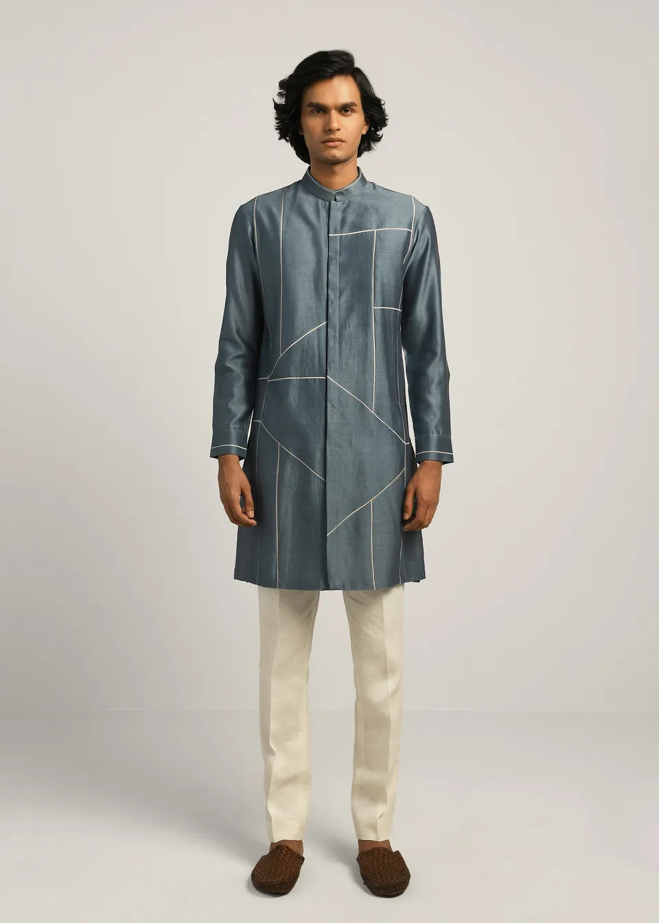 COUNTRYMADE Kurtas Patchwork Block Kurta Set bleu acier en coton-soie