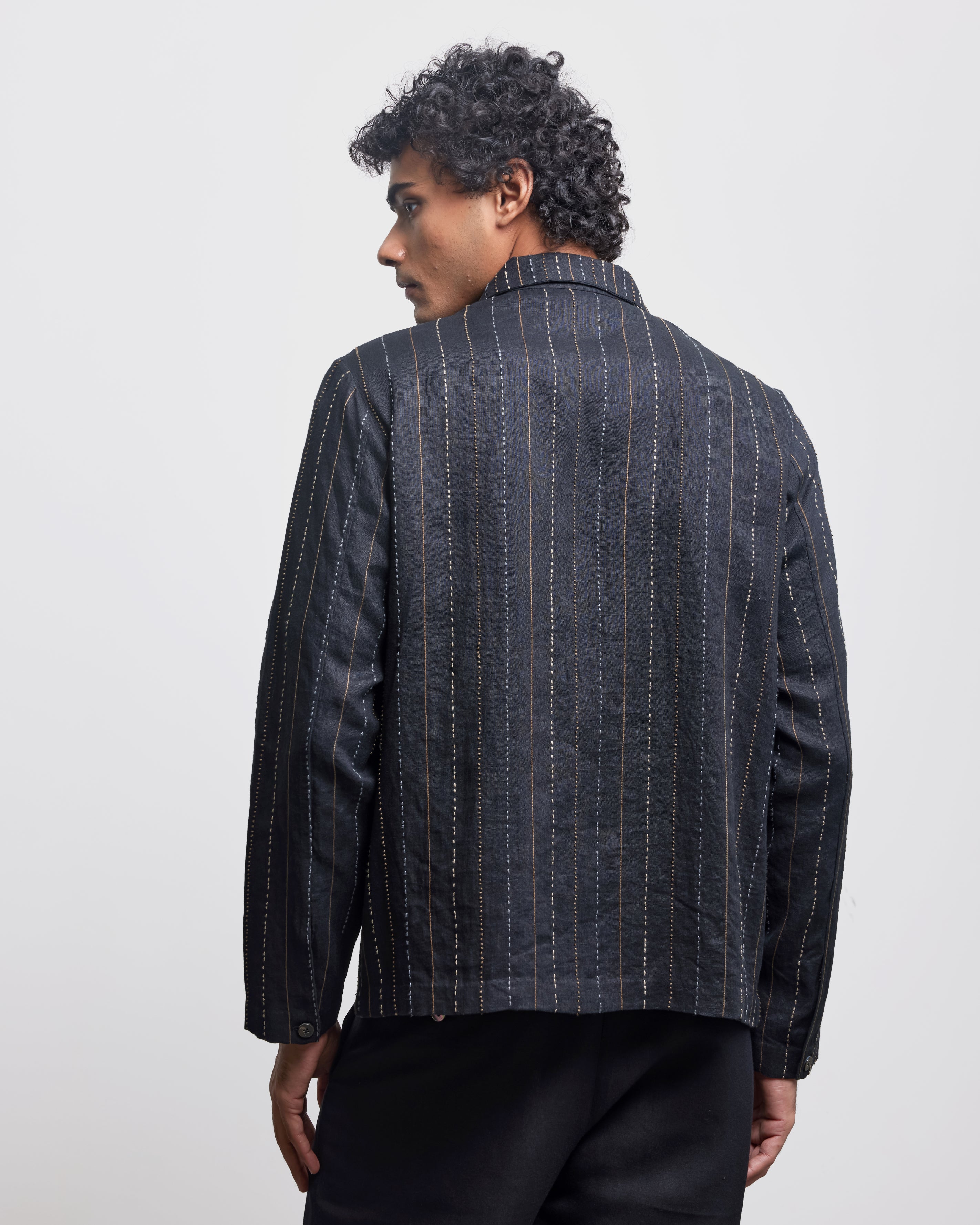 COUNTRYMADE Shirts THREE LINE STITCH OVERSHIRT surchemise noir en lin brodé