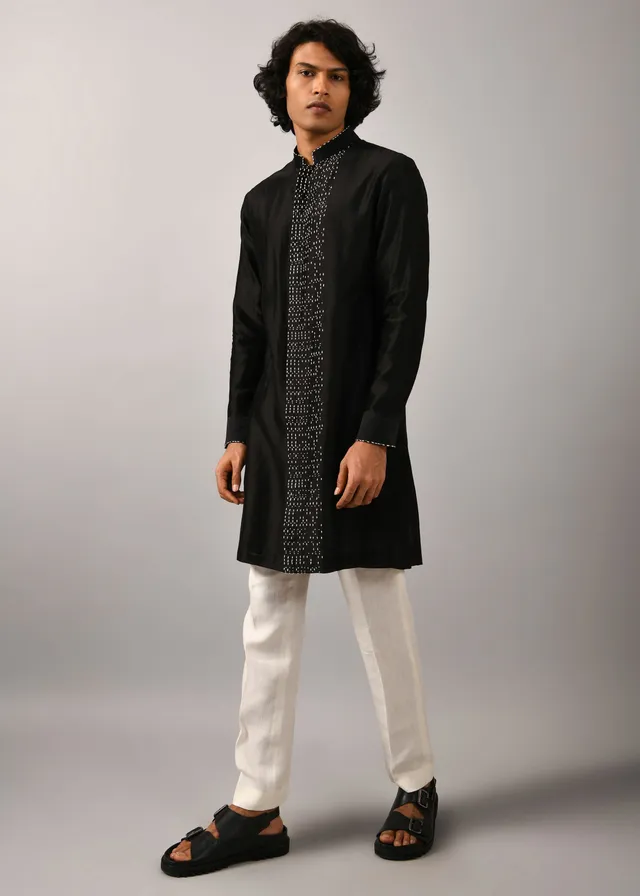 COUNTRYMADE Kurtas Black Morse Code Front Open Kurta noir brodé
