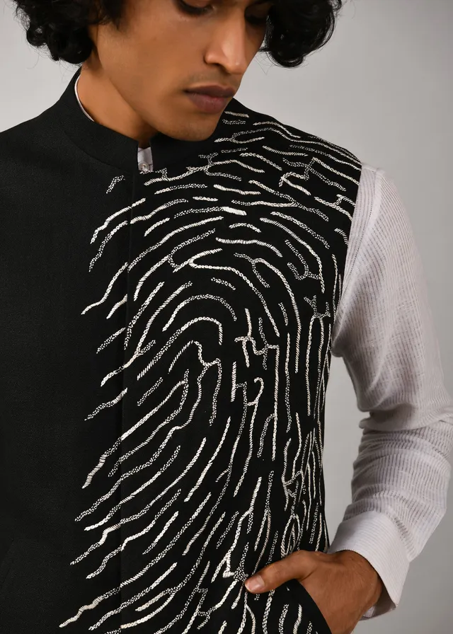 COUNTRYMADE Nehru Jackets Terrain Embroidered Bundi bundi noir en lin brodé M