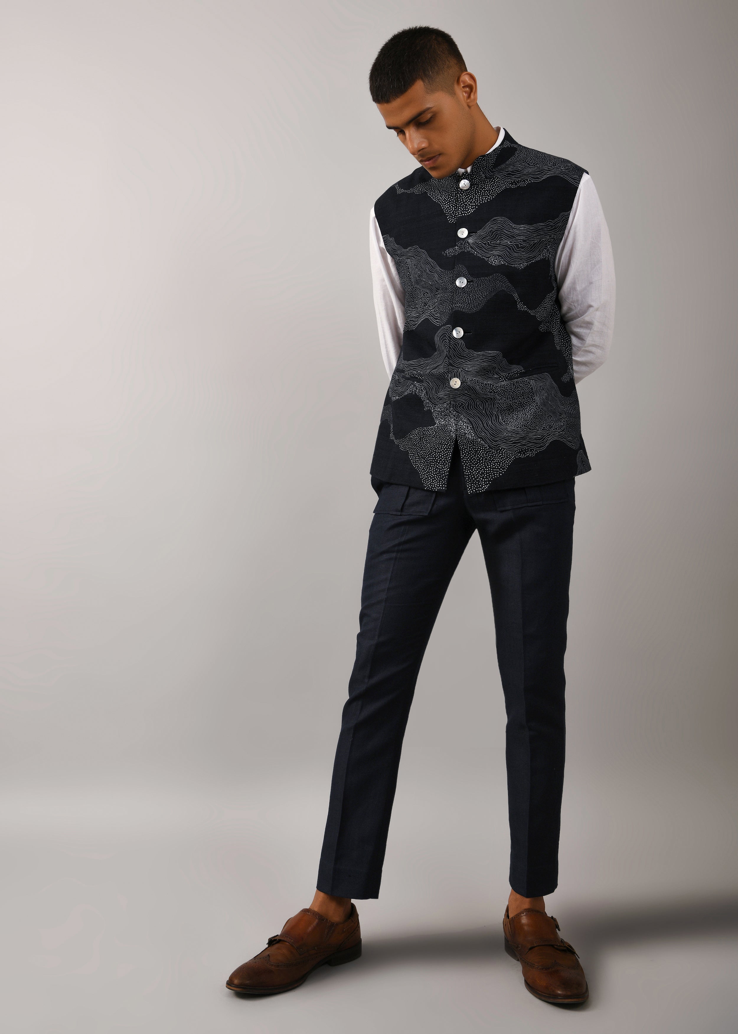 COUNTRYMADE Nehru Jackets Cloud Print Bundi veste bleu marine