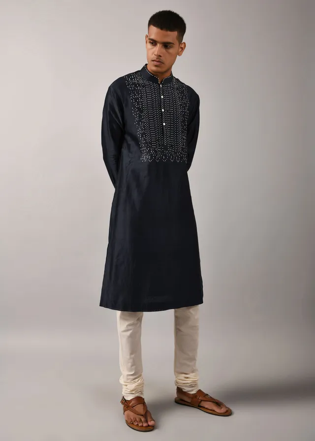 COUNTRYMADE Kurtas Navy Morse Code Yoke Kurta Set ensemble kurta chanderi bleu marine