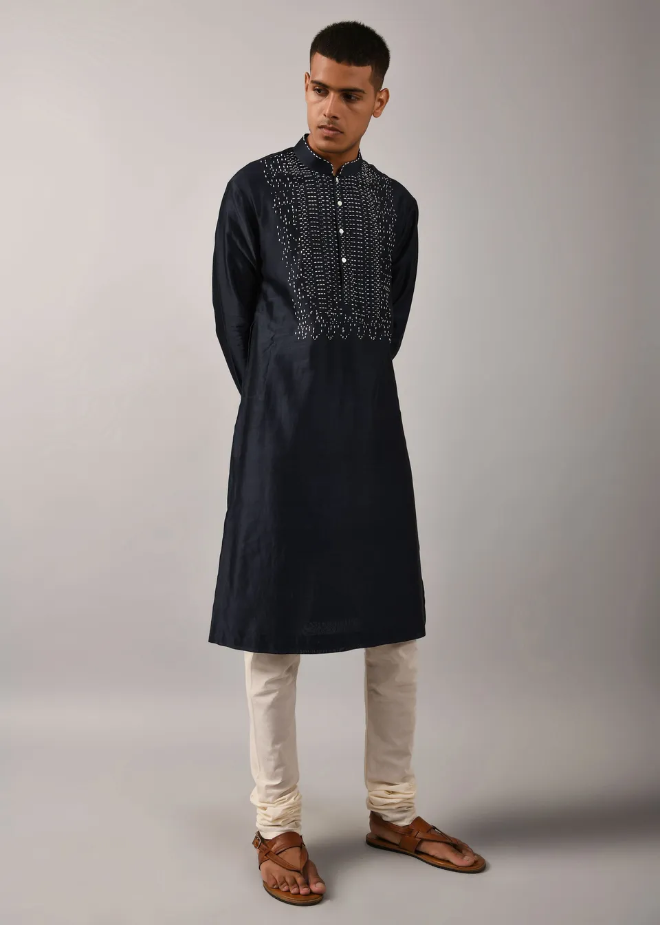 COUNTRYMADE Kurtas Navy Morse Code Yoke Kurta Set ensemble kurta chanderi bleu marine