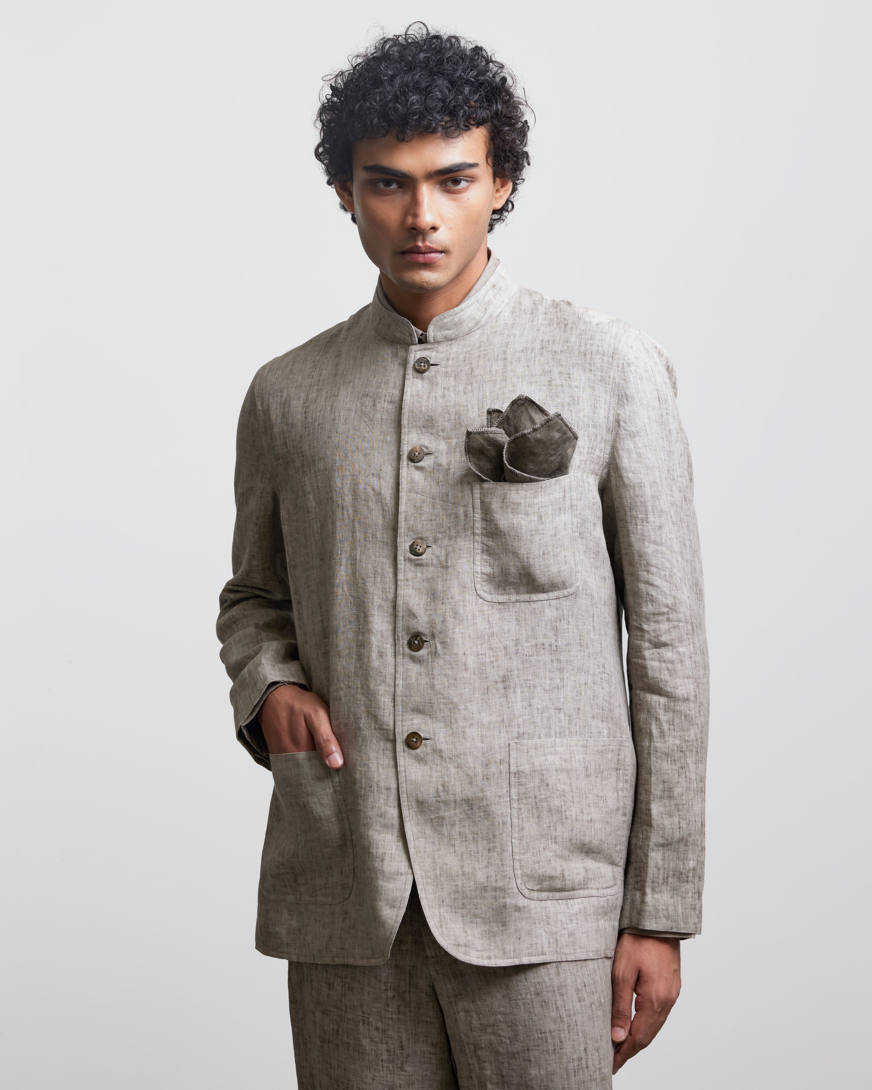 COUNTRYMADE Nehru Jackets STONE GRAY BANDHGALA JACKET veste XS sur commande lin