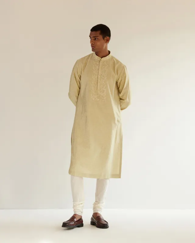 COUNTRYMADE Kurtas Camo-Block Print Kurta Set With Embroidered Yoke ensemble vert sauge