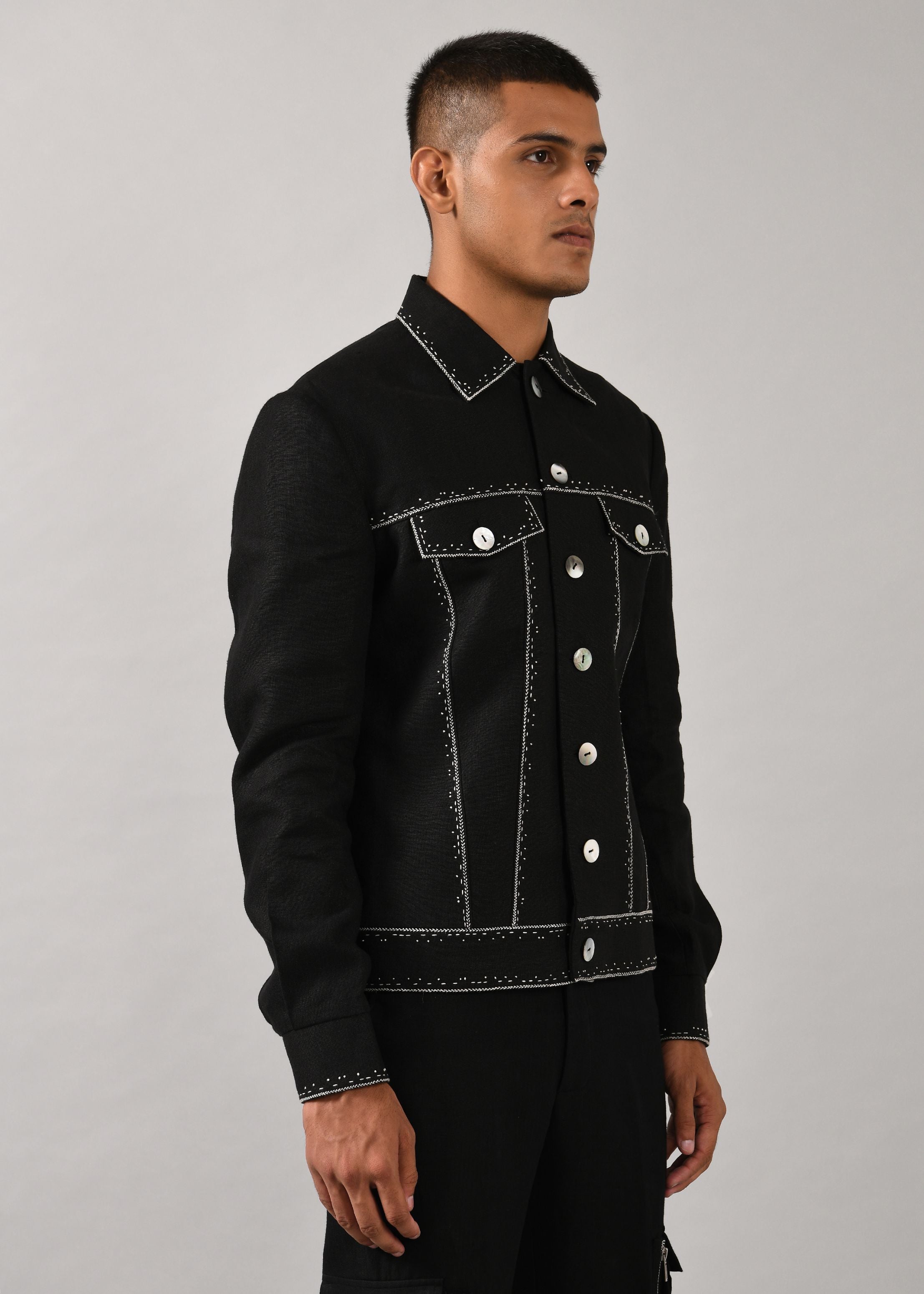 COUNTRYMADE Jackets Morse code Denim veste noire en lin brodée