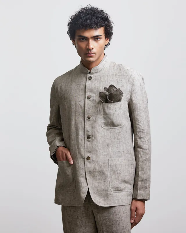 COUNTRYMADE Nehru Jackets STONE GRAY BANDHGALA JACKET veste XS sur commande lin