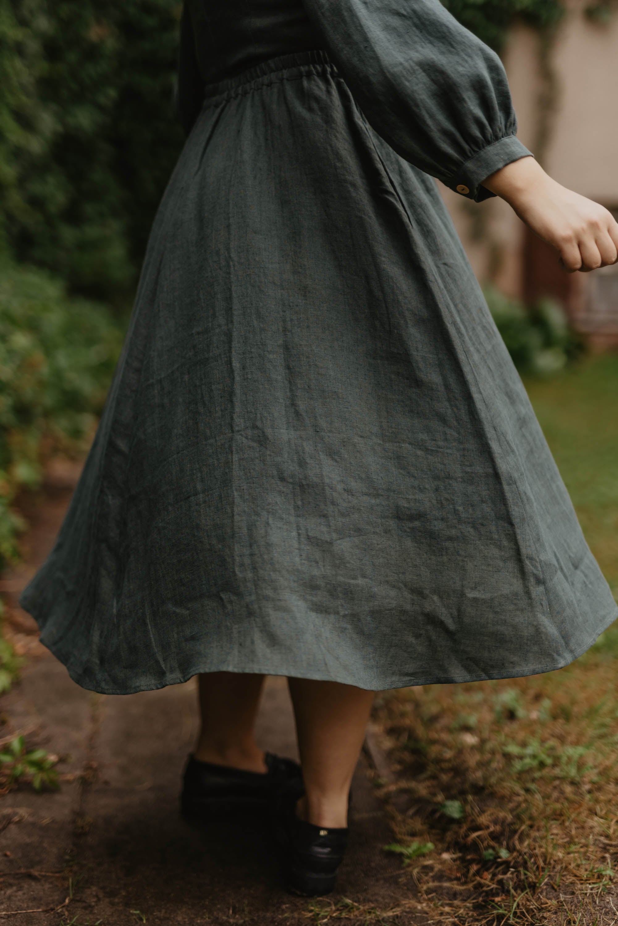 Laumė linen Linen Bottoms Juliette jupe en lin vert forêt taille élastique