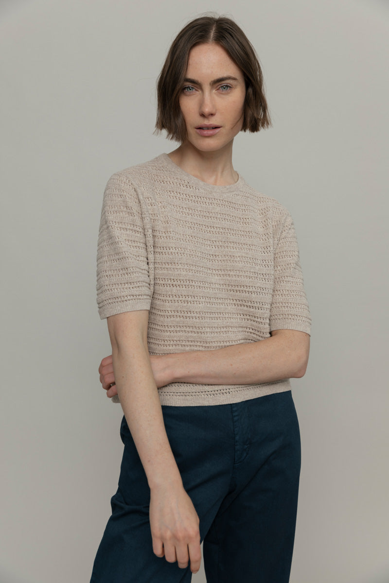 Rifò Pulls Pull Elisa pull en coton recyclé beige maille ajourée