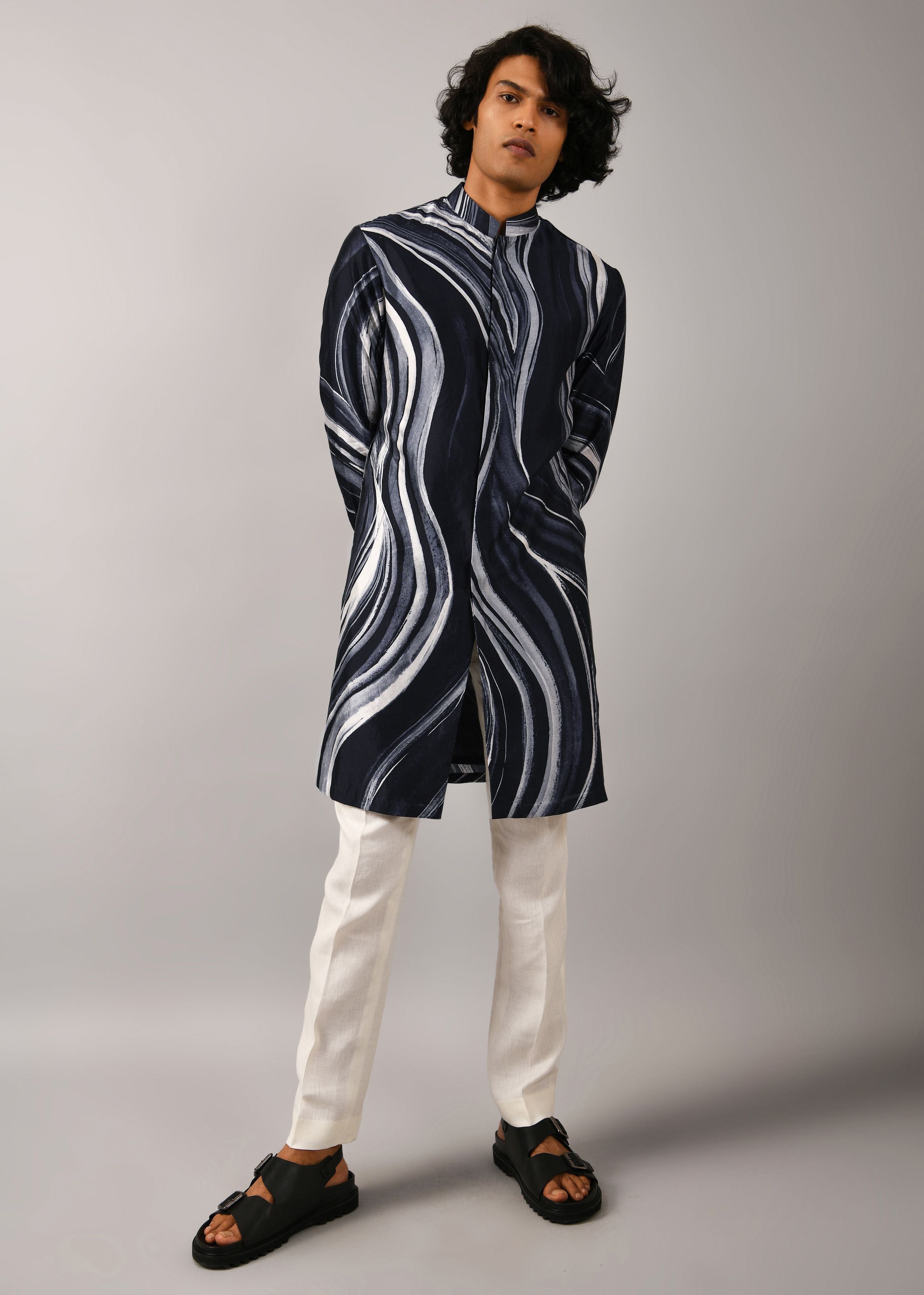 COUNTRYMADE Kurtas Airborne Strokes Open Front Kurta kurta bleu marine imprimé