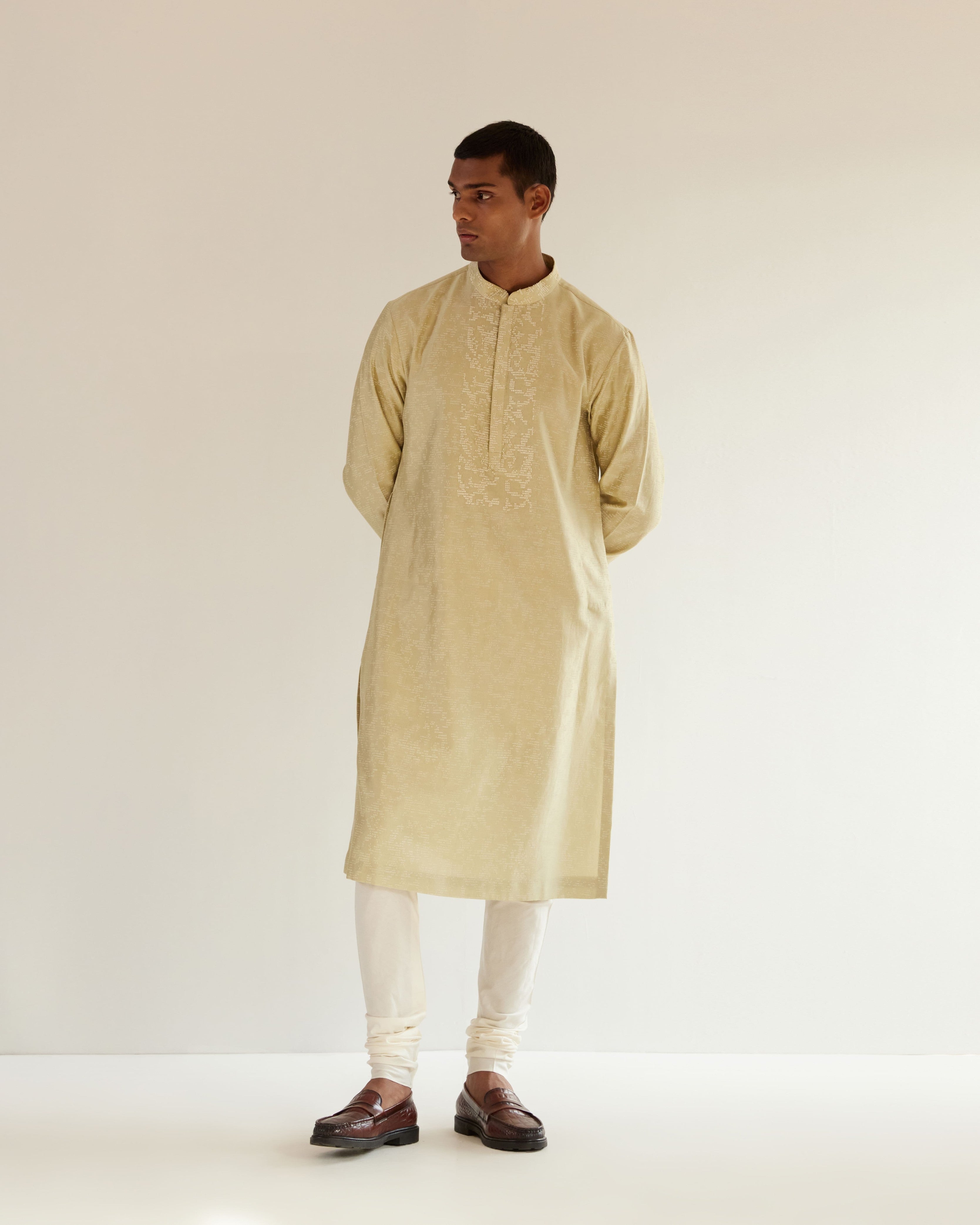 COUNTRYMADE Kurtas Camo-Block Print Kurta Set With Embroidered Yoke ensemble vert sauge