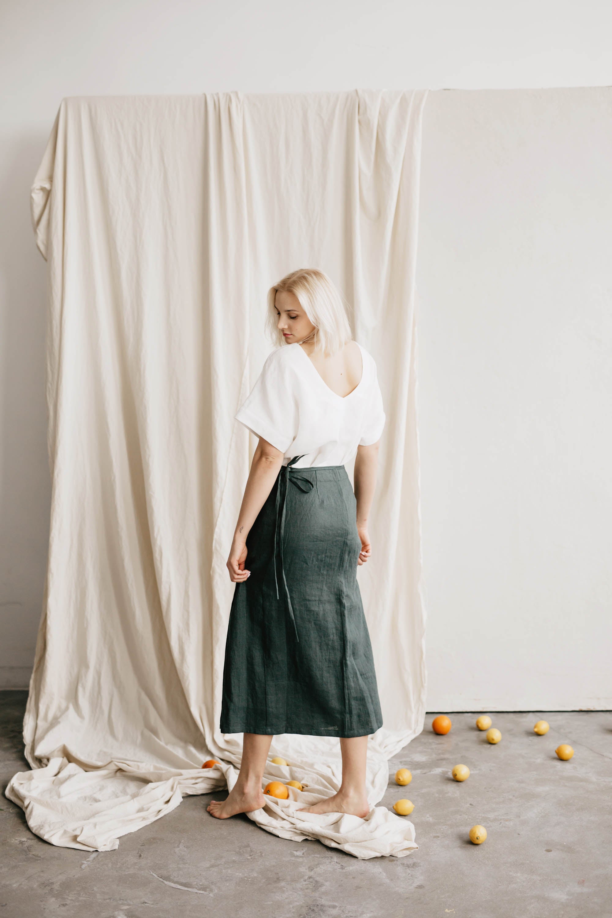 Laumė linen Linen Bottoms Women's linen skirt Vaiva, Oatmeal, jupe portefeuille en lin
