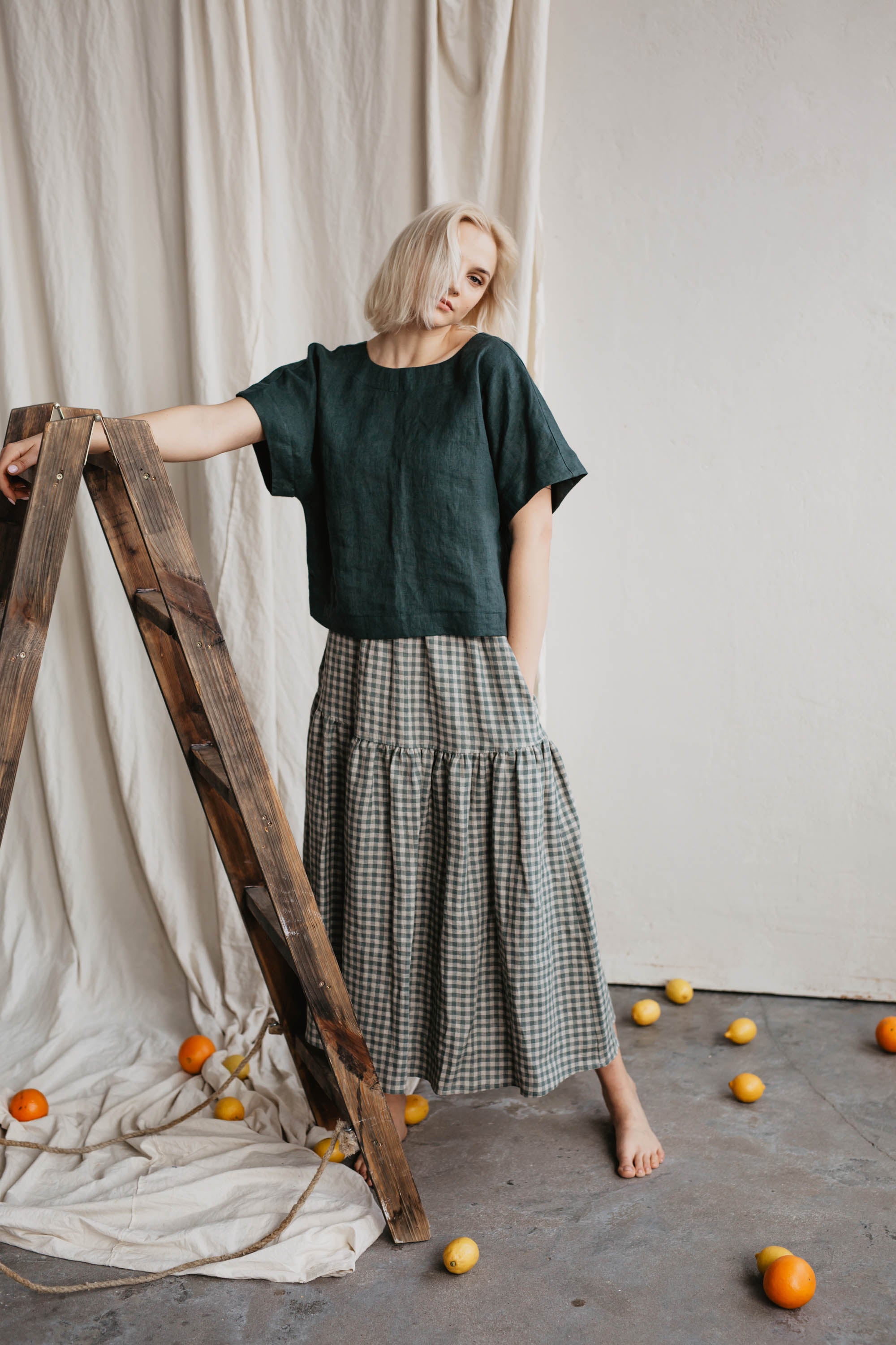 Laumė linen Linen Bottoms Vakarė jupe vert à carreaux en lin