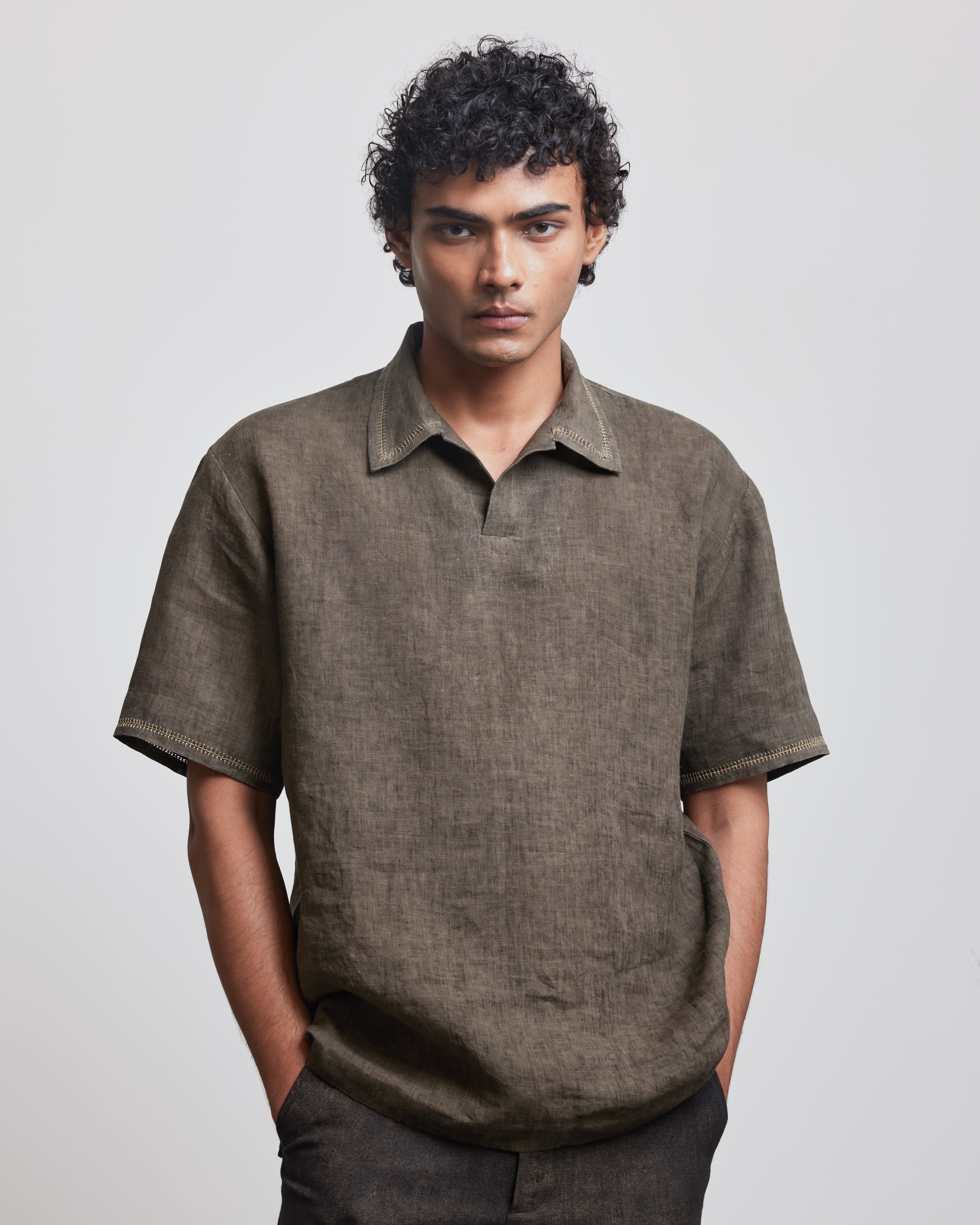 COUNTRYMADE Shirts Stone Brown Crochet Polo Shirt en lin
