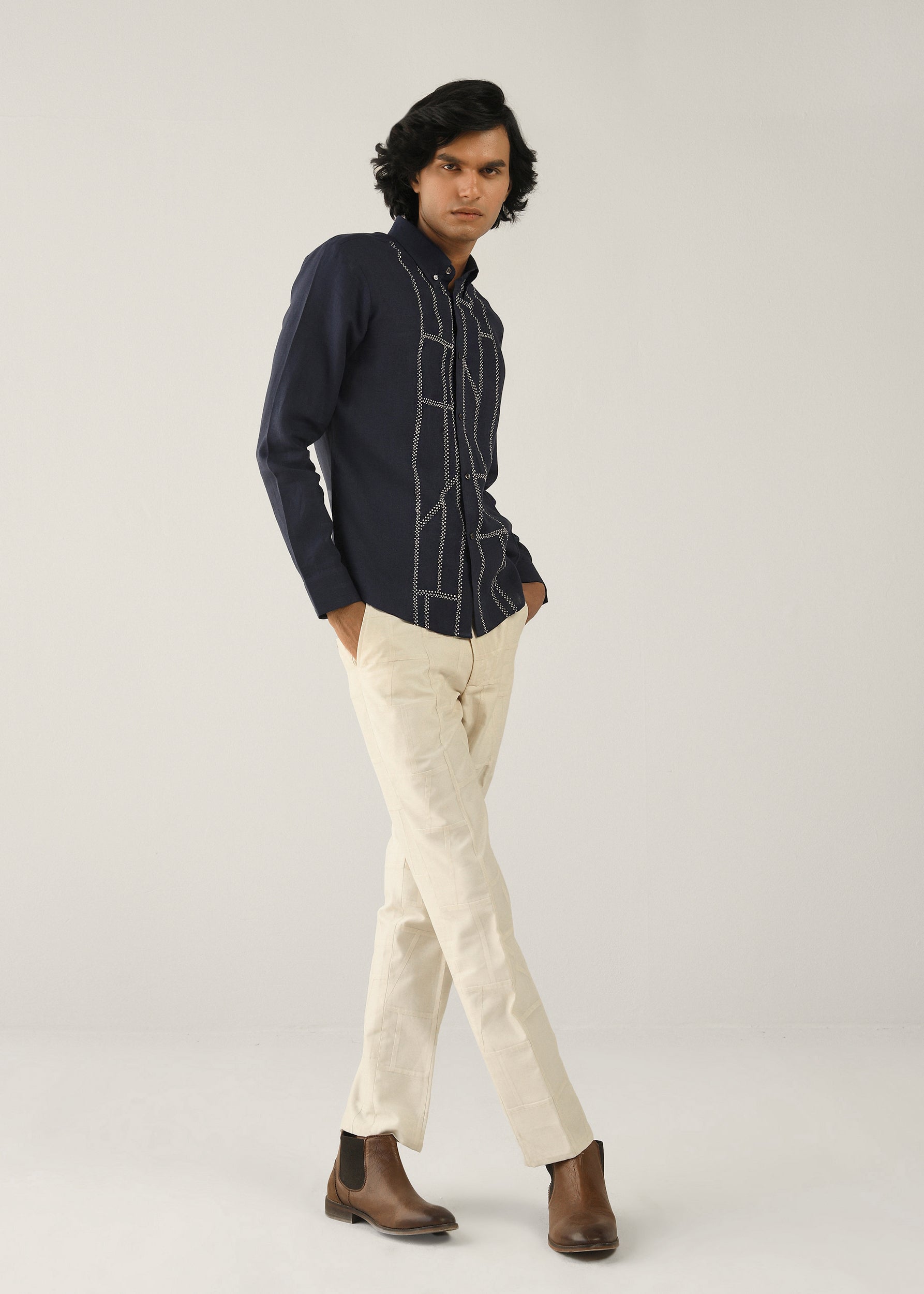 COUNTRYMADE Shirts Fuselage Yoke Shirt chemise en lin bleu marine brodée