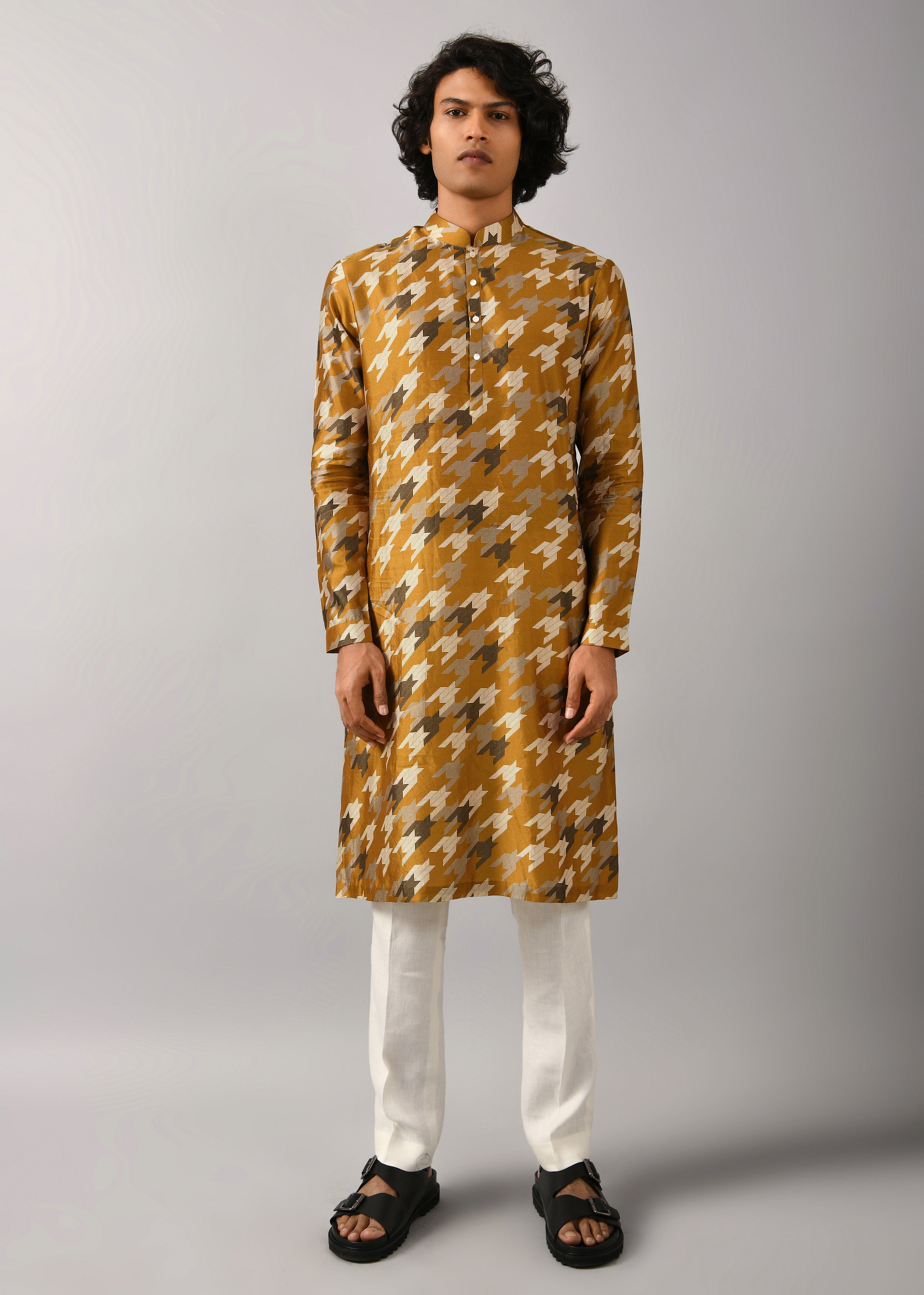 COUNTRYMADE Kurtas Houndstooth Silk Printed Kurta S à XXL soie moutarde