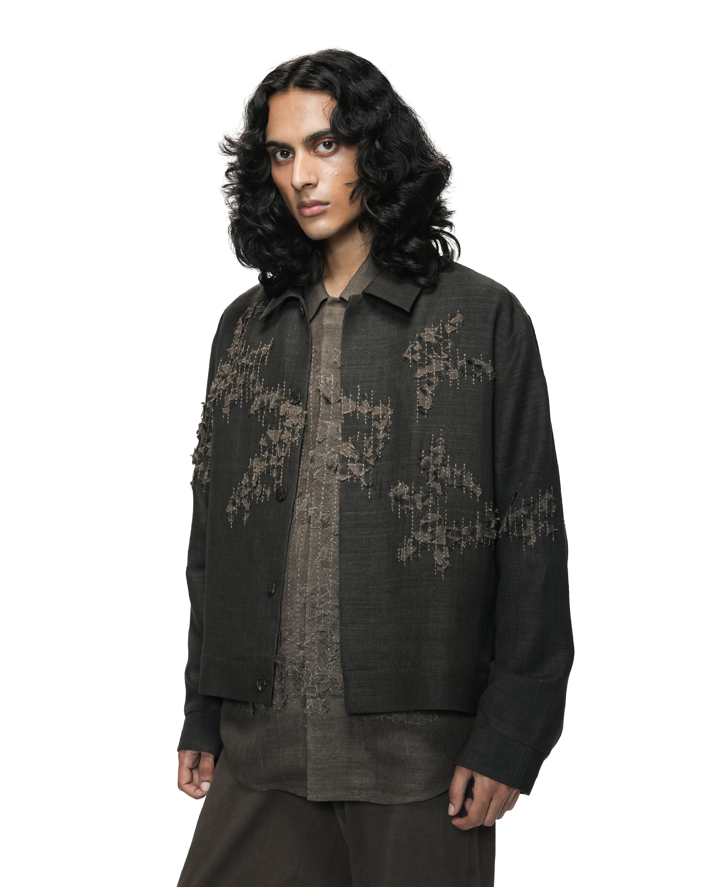 COUNTRYMADE Jackets Shredded Woodland Trucker Jacket veste en soie Matka brodée