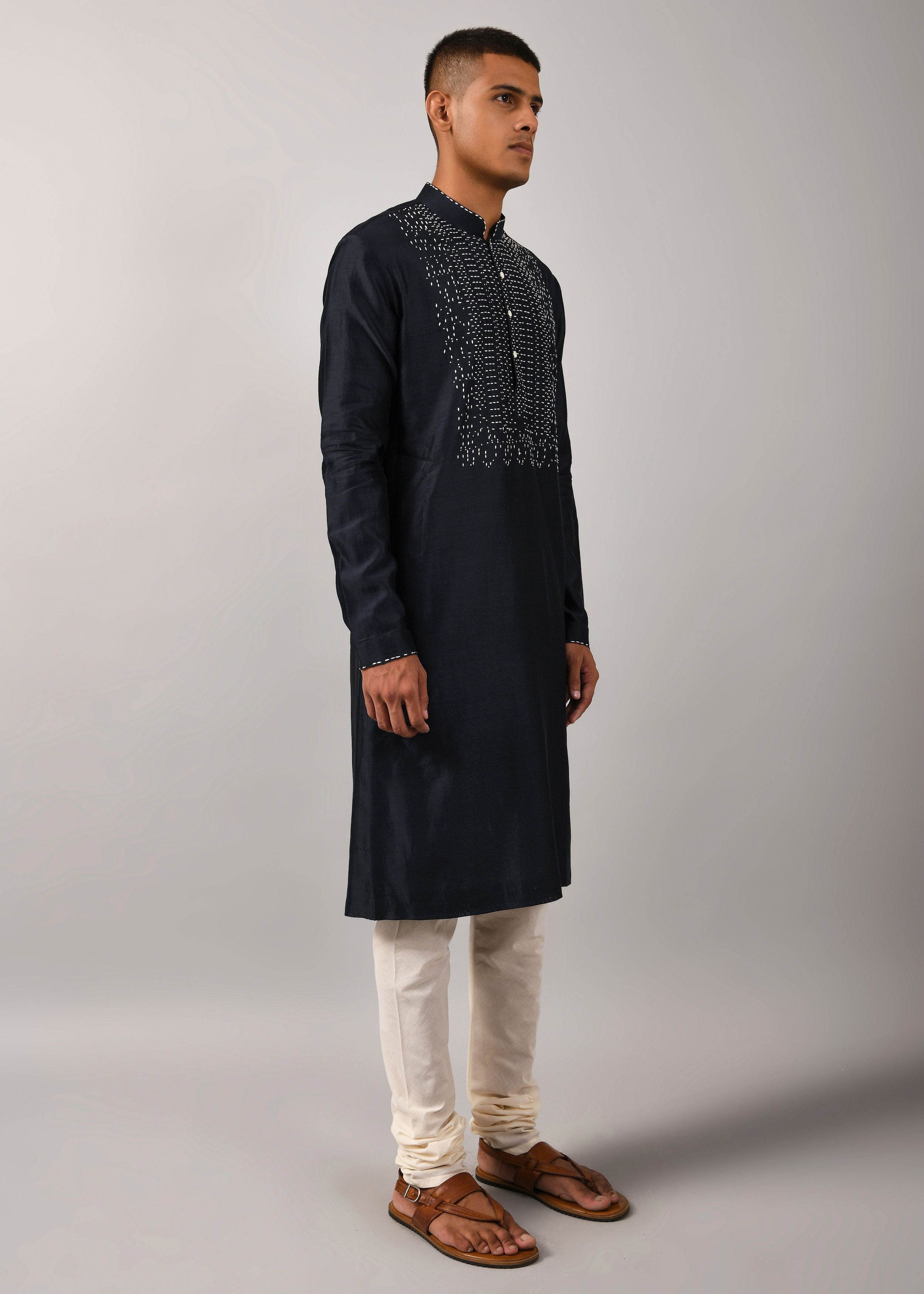 COUNTRYMADE Kurtas Navy Morse Code Yoke Kurta Set ensemble kurta chanderi bleu marine