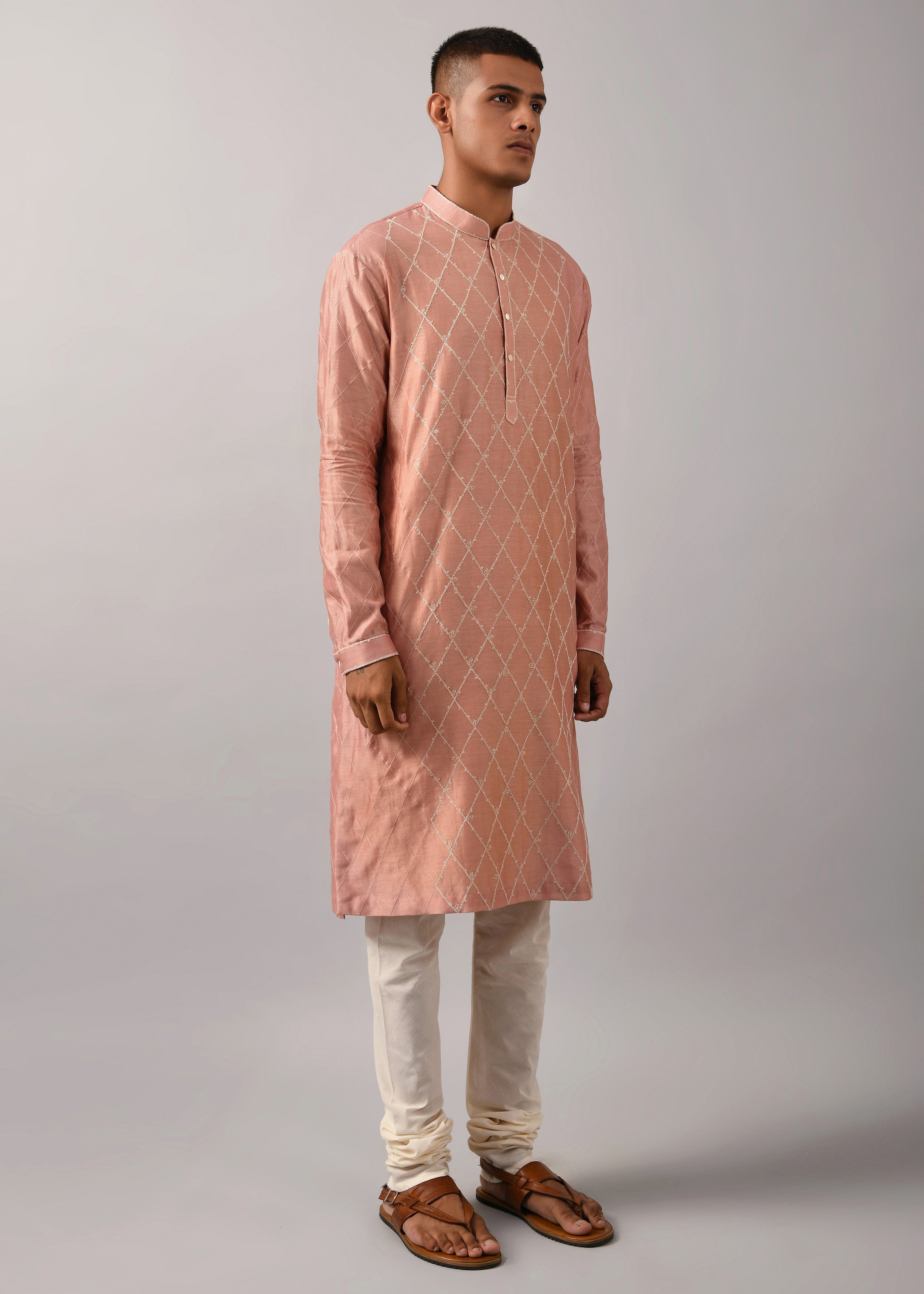 COUNTRYMADE Kurtas Diamond Pattern Embroidered Kurta Set ensemble kurta chanderi rose poudré