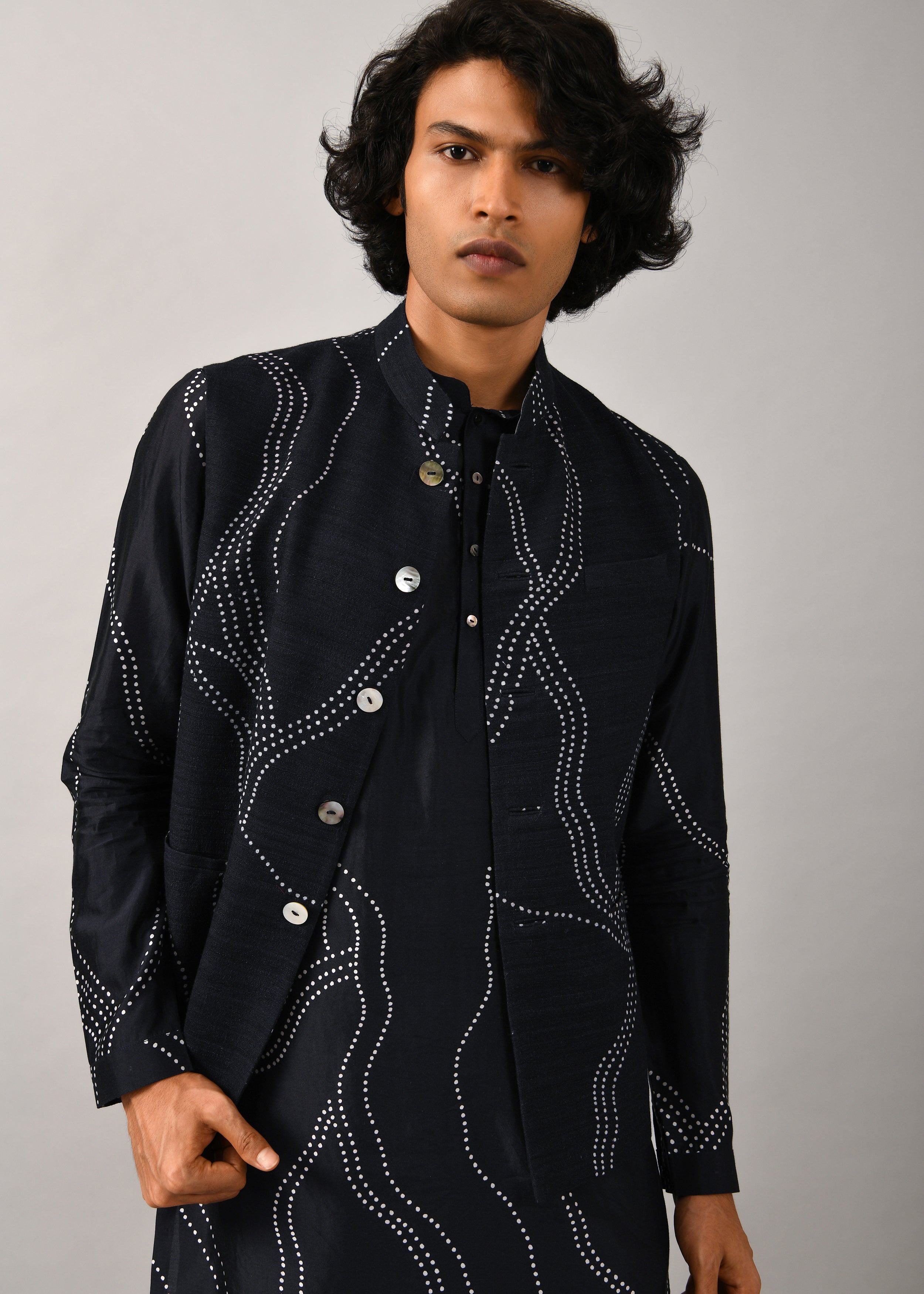COUNTRYMADE Nehru Jackets Constellation Printed Bundi veste marine coton soie