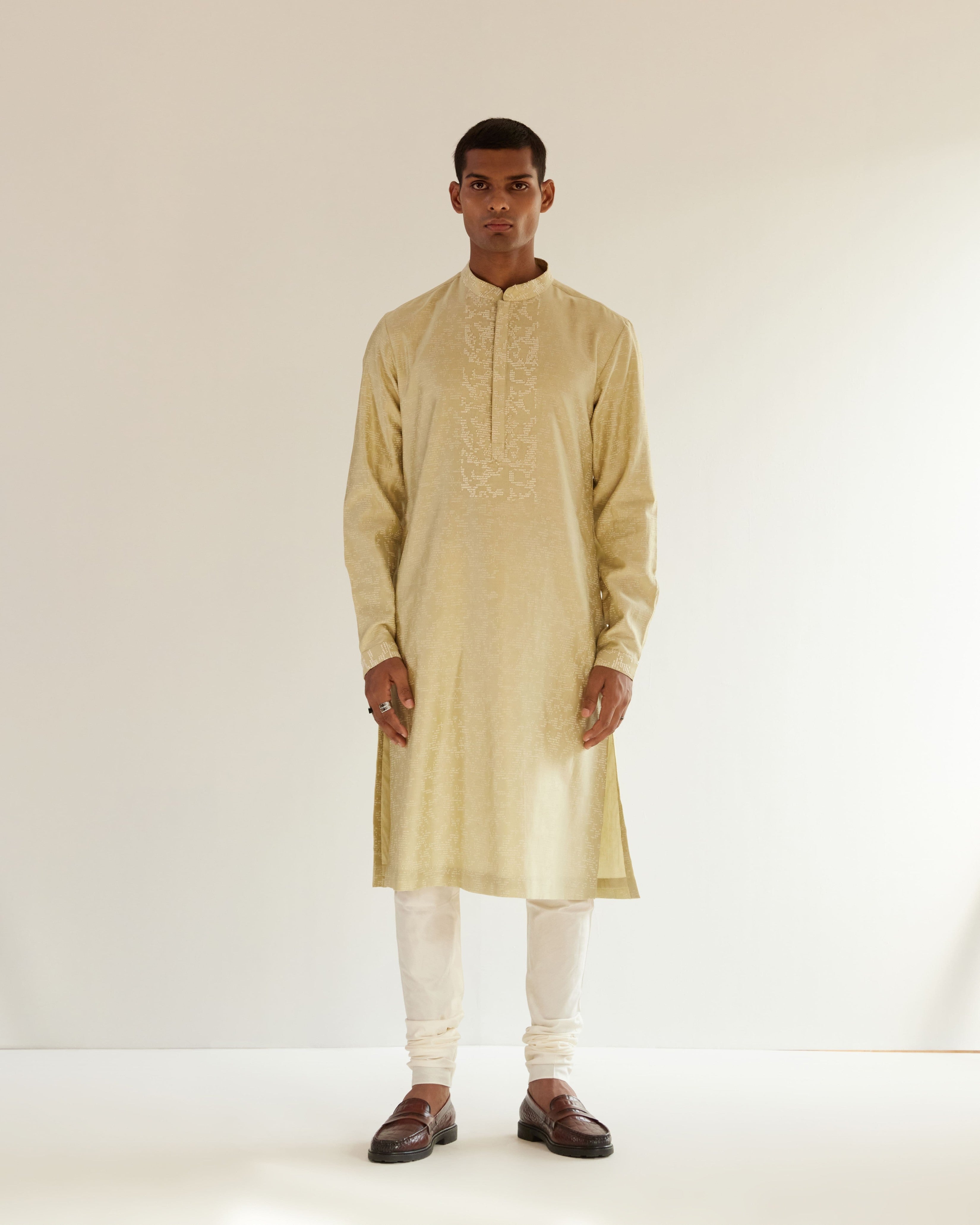 COUNTRYMADE Kurtas Camo-Block Print Kurta Set With Embroidered Yoke ensemble vert sauge