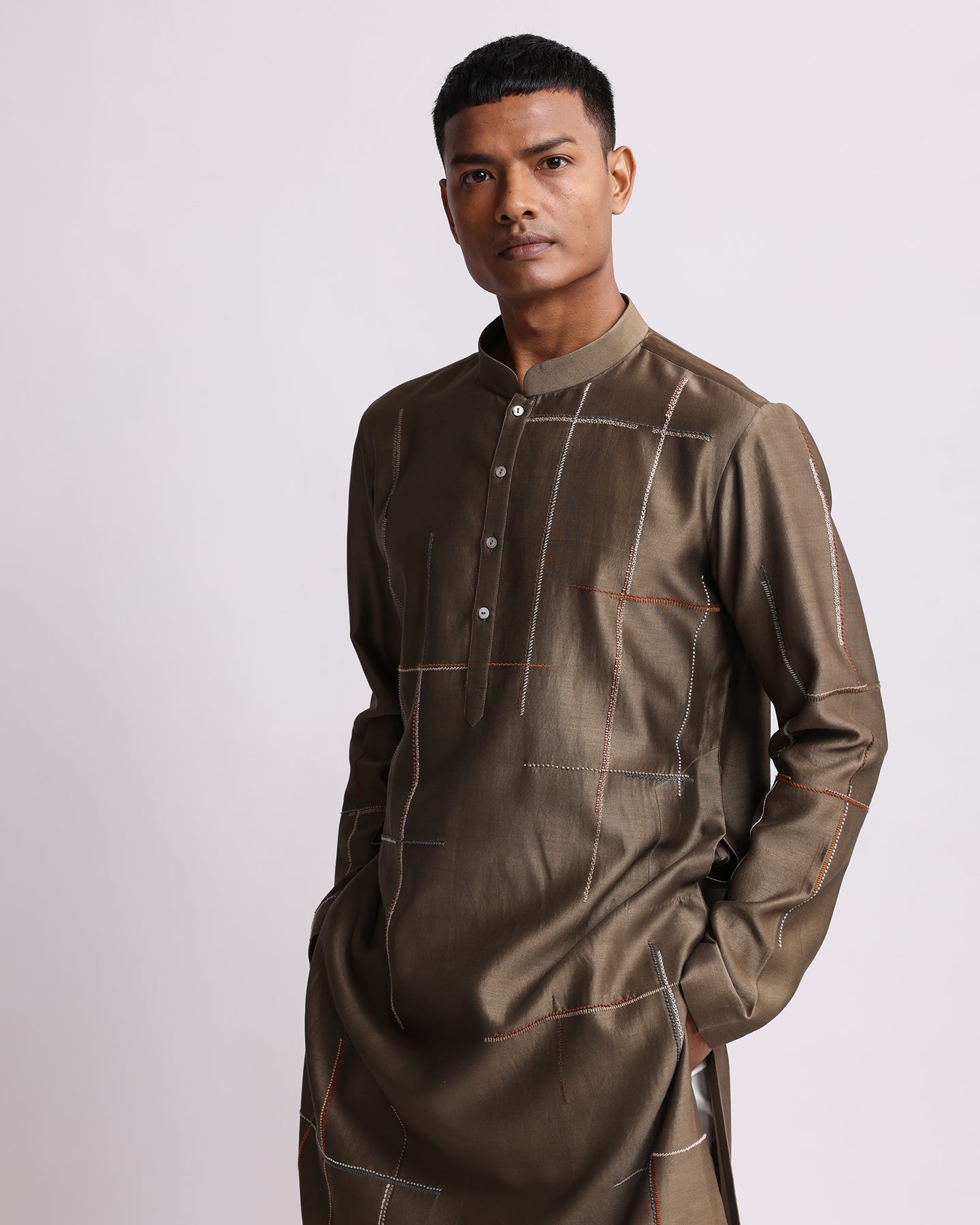 COUNTRYMADE Kurtas Placement Checks Hand Embroidered Olive Kurta Set ensemble kurta brodé