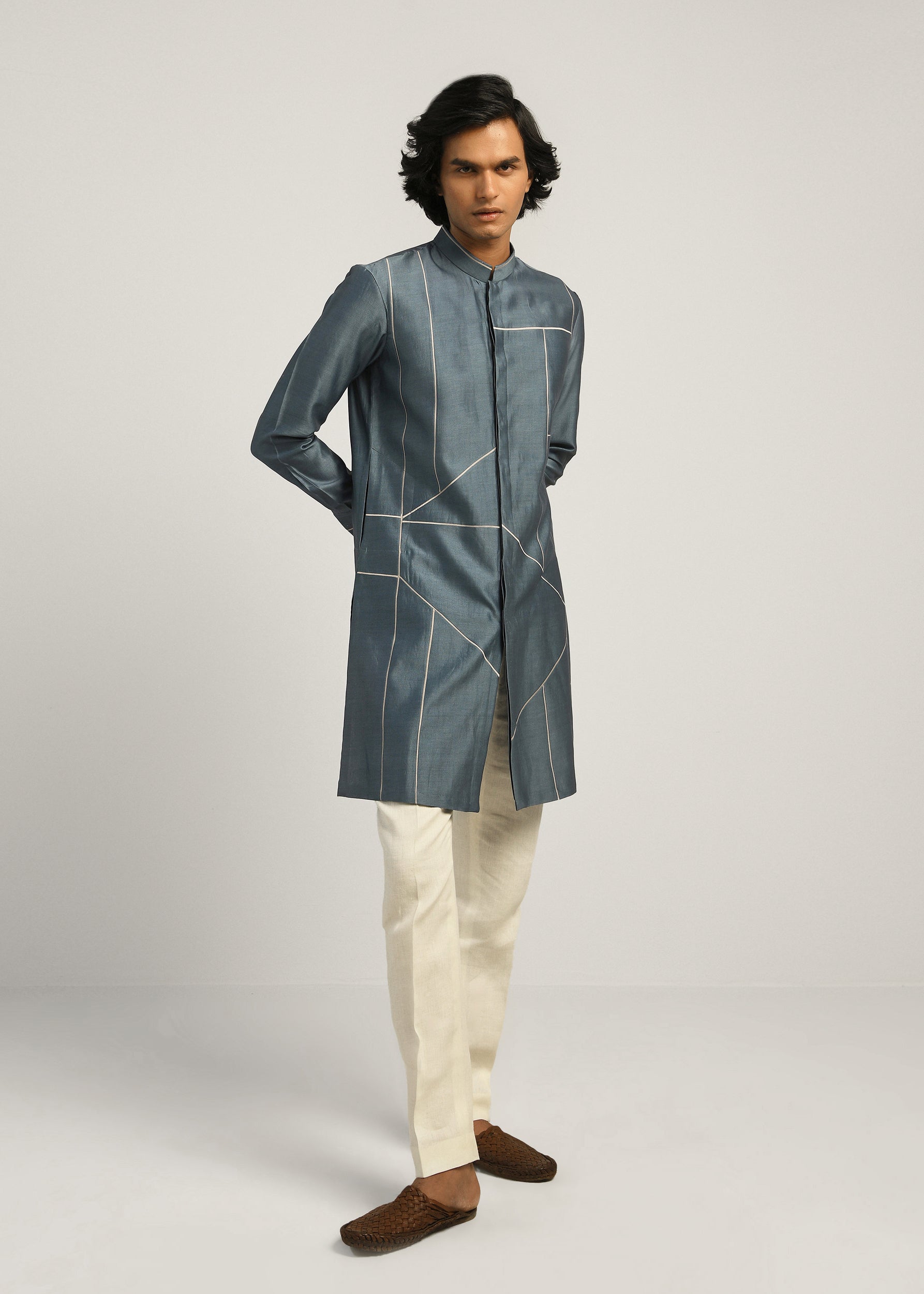 COUNTRYMADE Kurtas Patchwork Block Kurta Set bleu acier en coton-soie