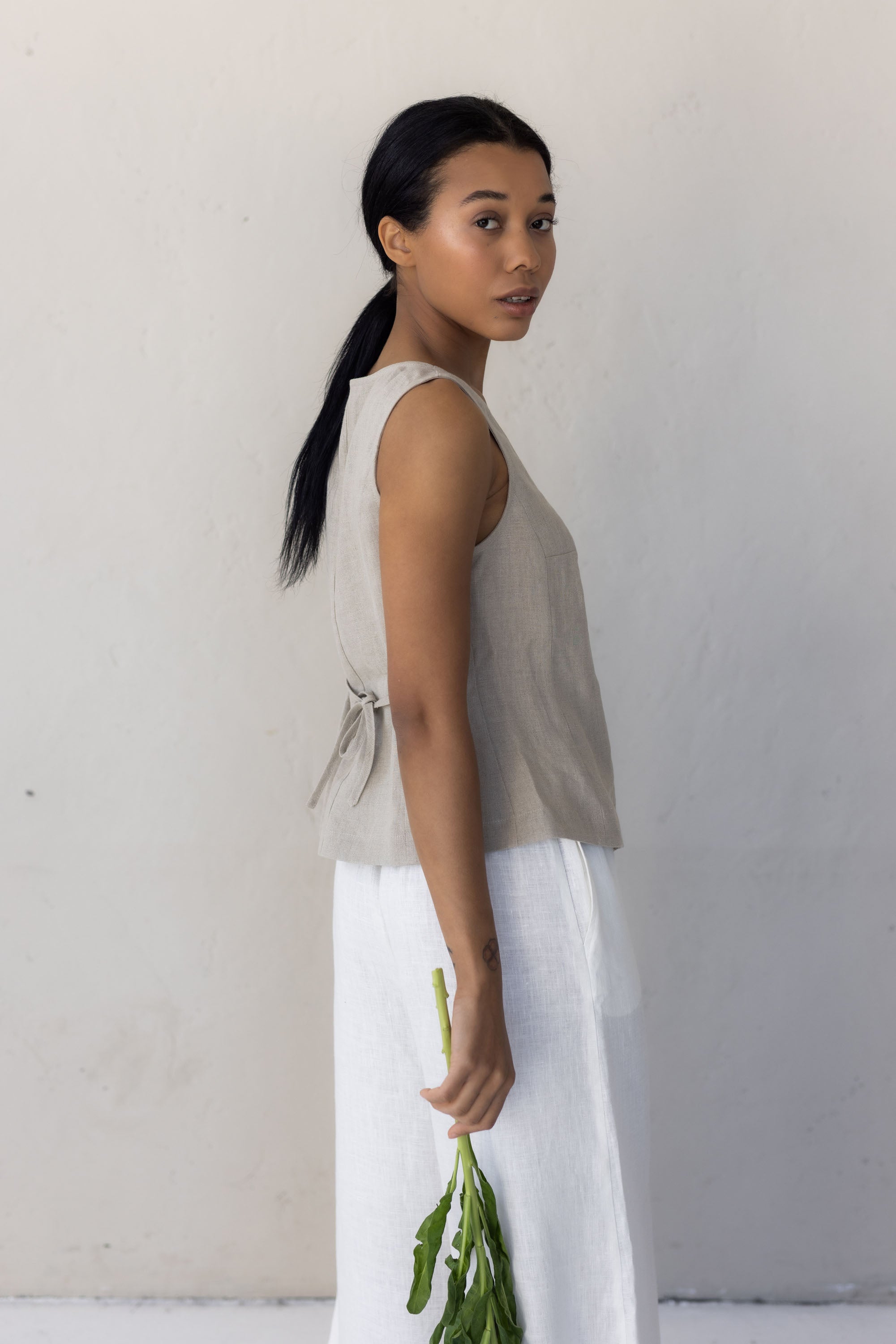 Laumė linen Linen Tops Dusk gilet en lin vert à carreaux