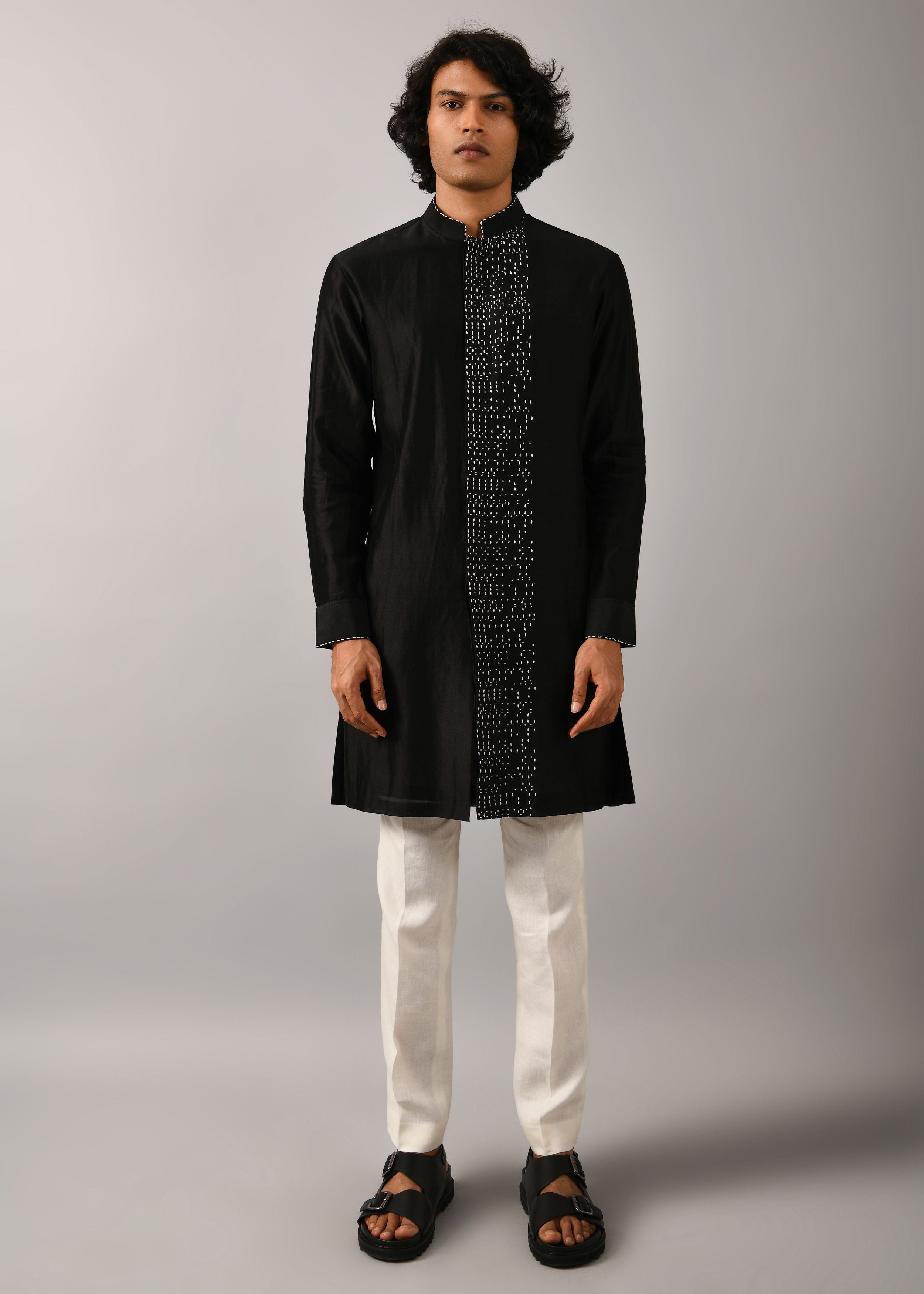 COUNTRYMADE Kurtas Black Morse Code Front Open Kurta noir brodé