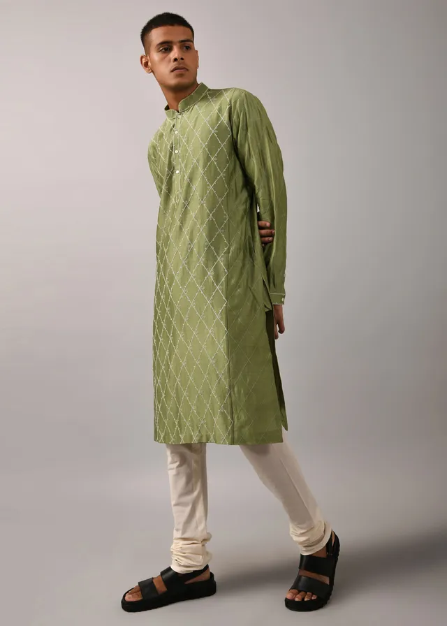 COUNTRYMADE Kurtas Diamond Pattern Hand Embroidered Kurta Set ensemble kurta vert sauge