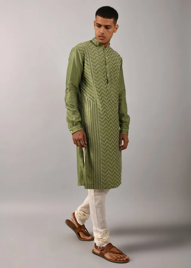 COUNTRYMADE Kurtas Chevron Hand Embroidered Kurta Set kurta vert sauge, chanderi