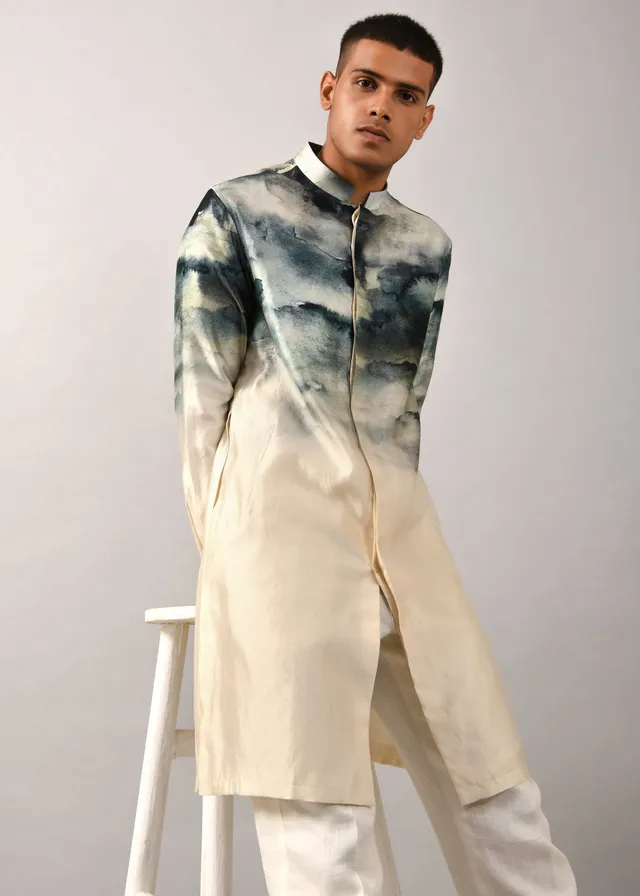 COUNTRYMADE Kurtas Camouflaged clouds front open Kurta kurta en soie pure