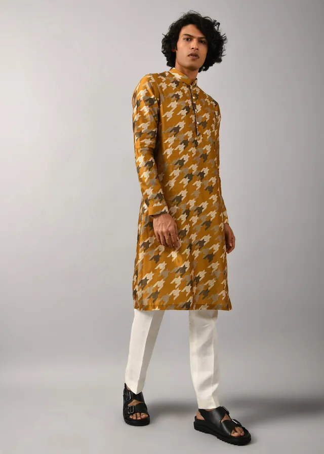 COUNTRYMADE Kurtas Houndstooth Silk Printed Kurta S à XXL soie moutarde