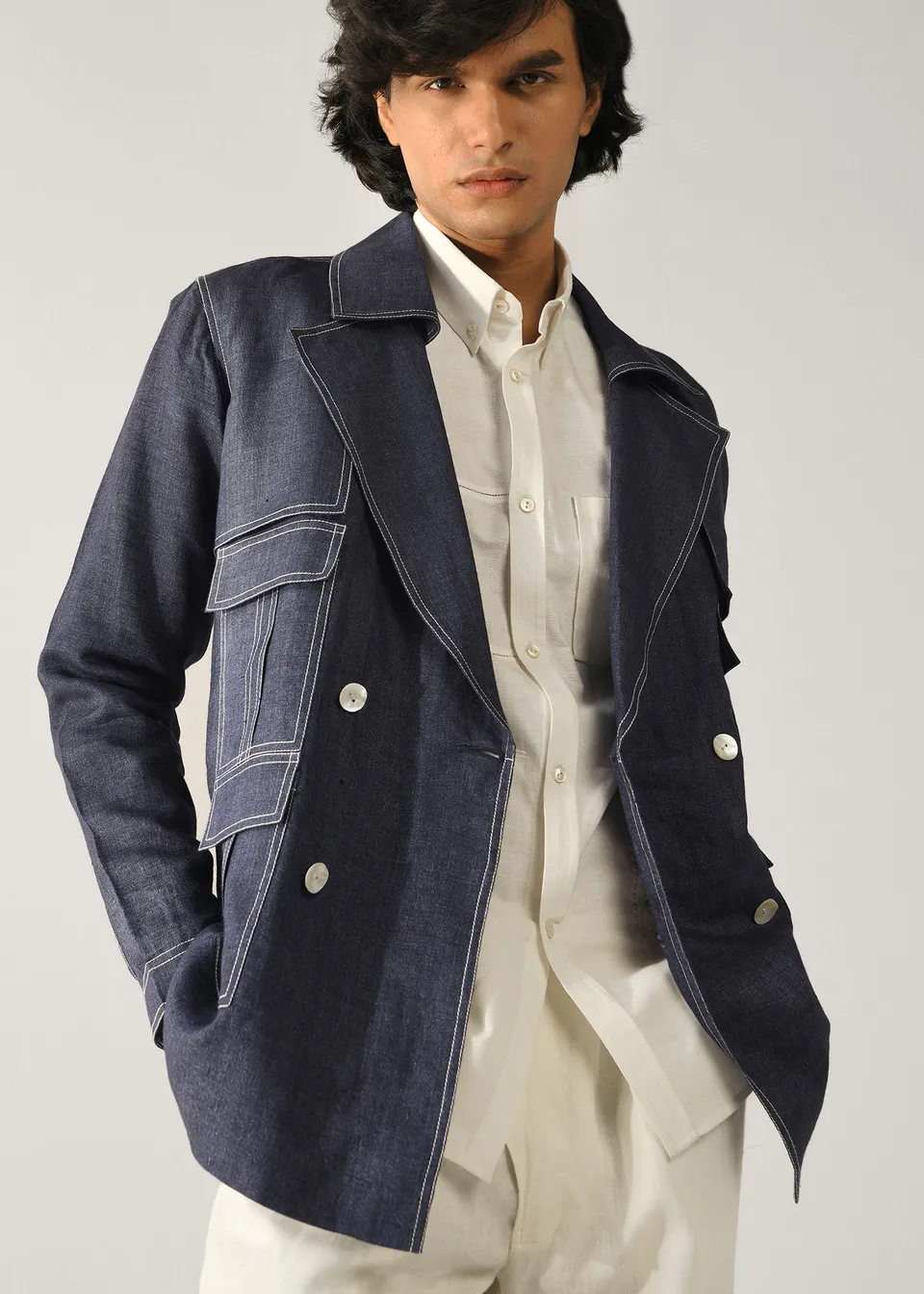 COUNTRYMADE Jackets Cropped Trench Jacket veste courte marine en lin