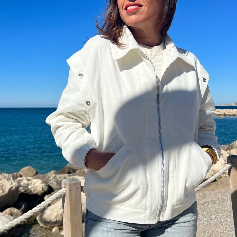 PANTRUCHE Vestes LENON blouson en denim blanc à œillets argentés coton