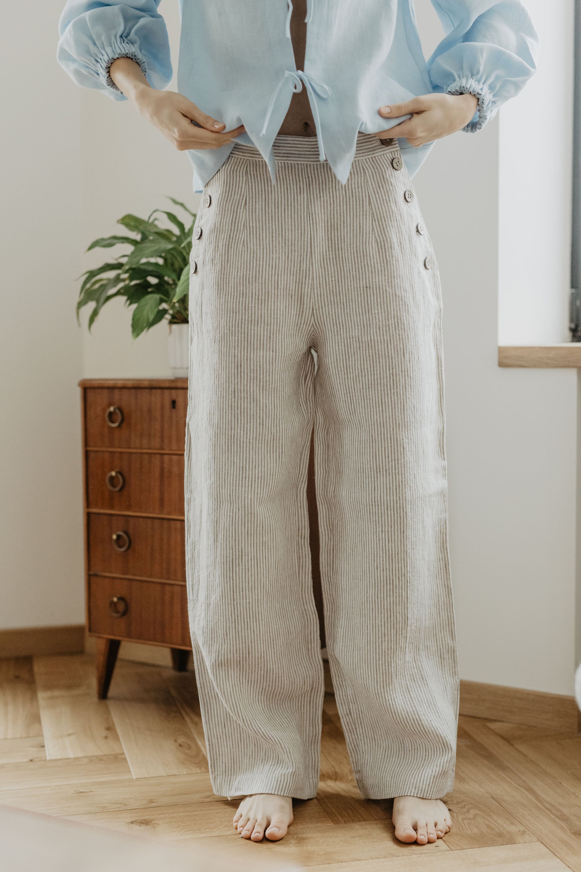 Laumė linen Linen Bottoms Klaipeda pantalon en lin beige à rayures