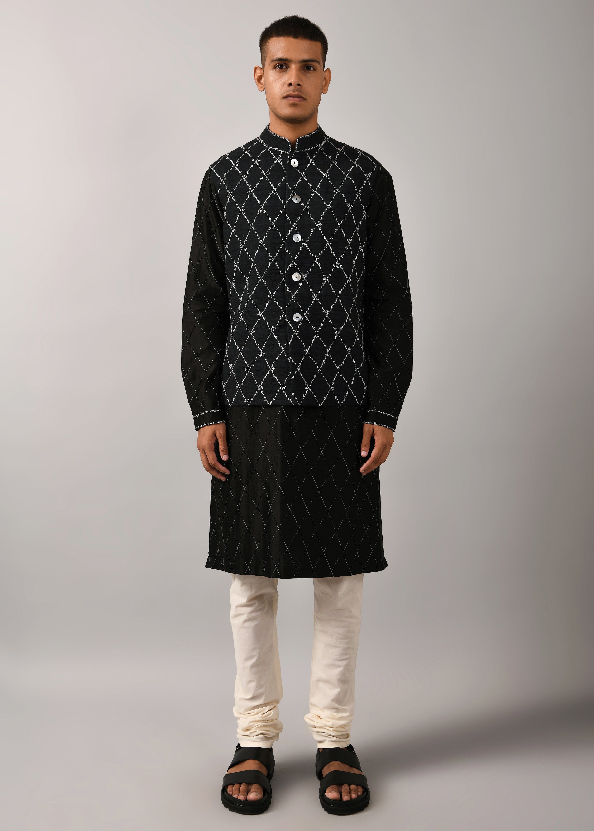 COUNTRYMADE Nehru Jackets Diamond Embroidered Bundi veste noire L