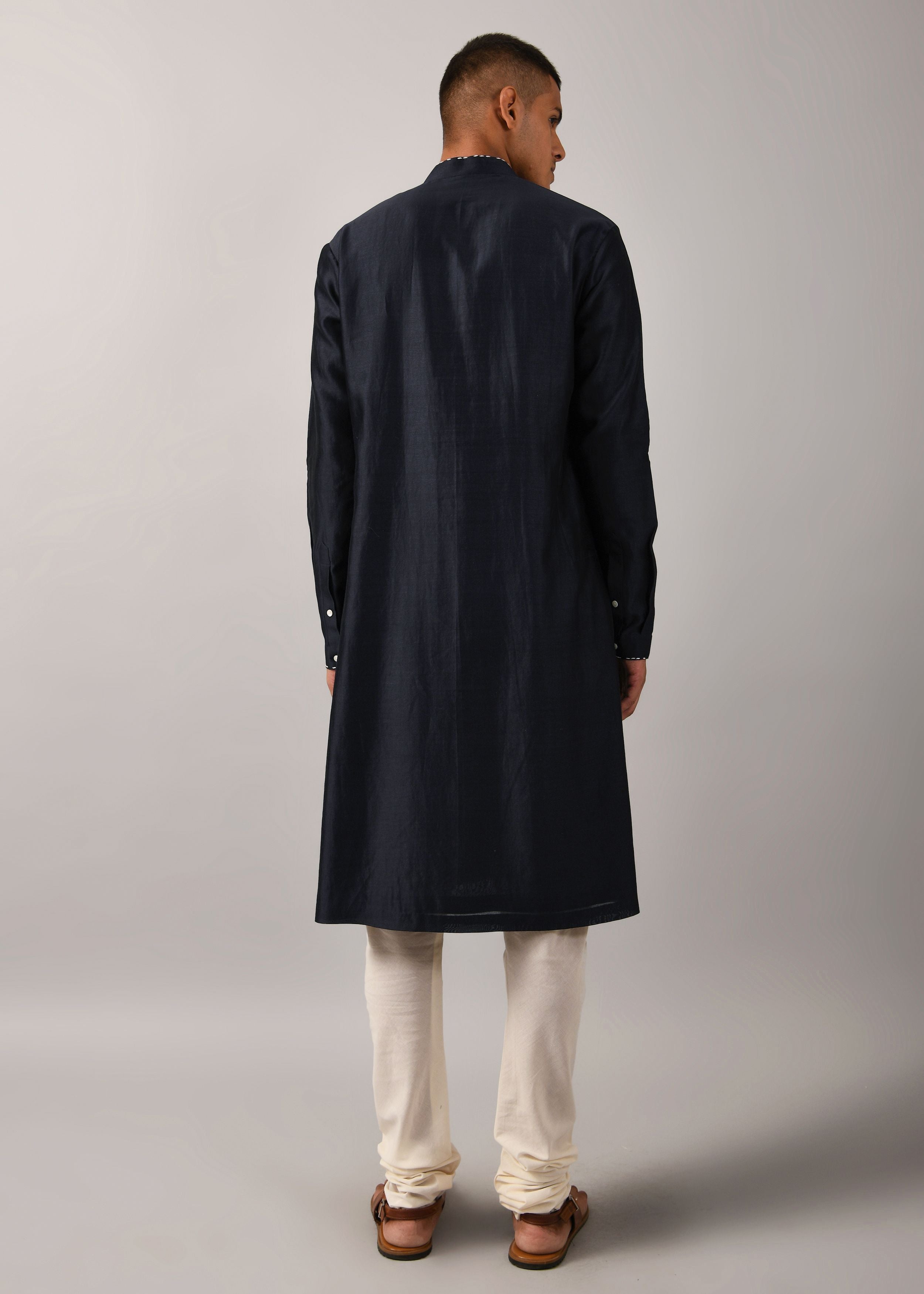COUNTRYMADE Kurtas Navy Morse Code Yoke Kurta Set ensemble kurta chanderi bleu marine