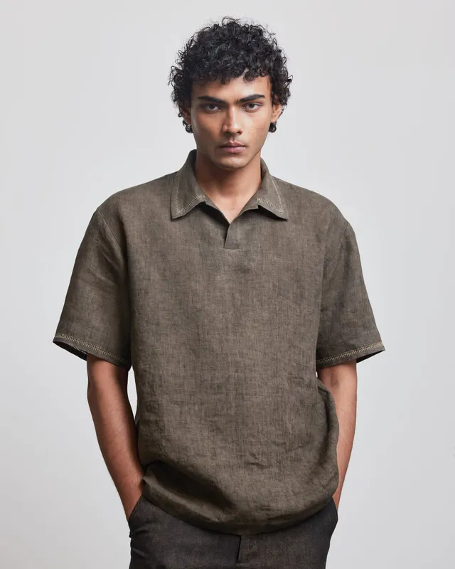 COUNTRYMADE Shirts Stone Brown Crochet Polo Shirt en lin