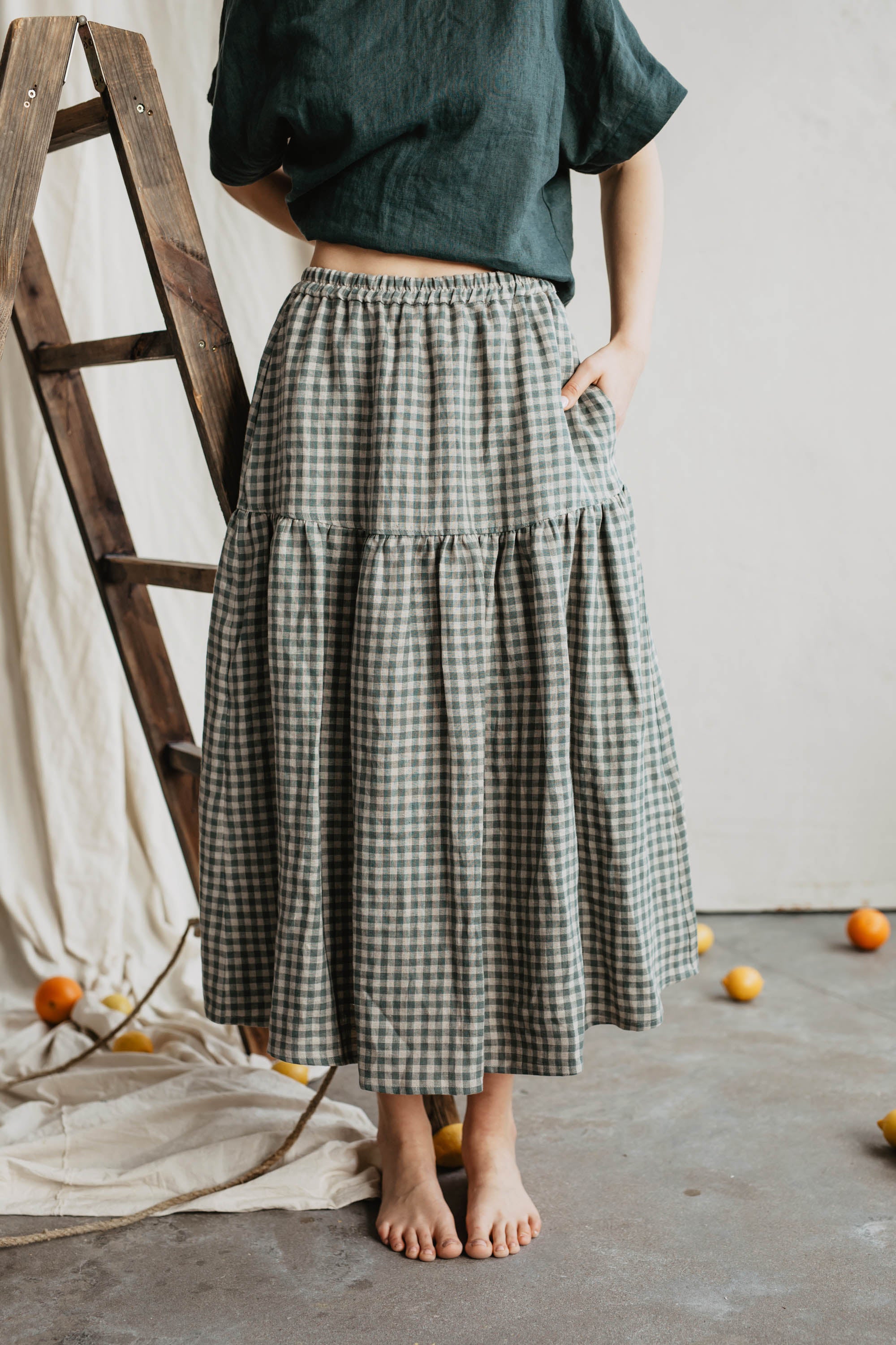 Laumė linen Linen Bottoms Vakarė jupe vert à carreaux en lin